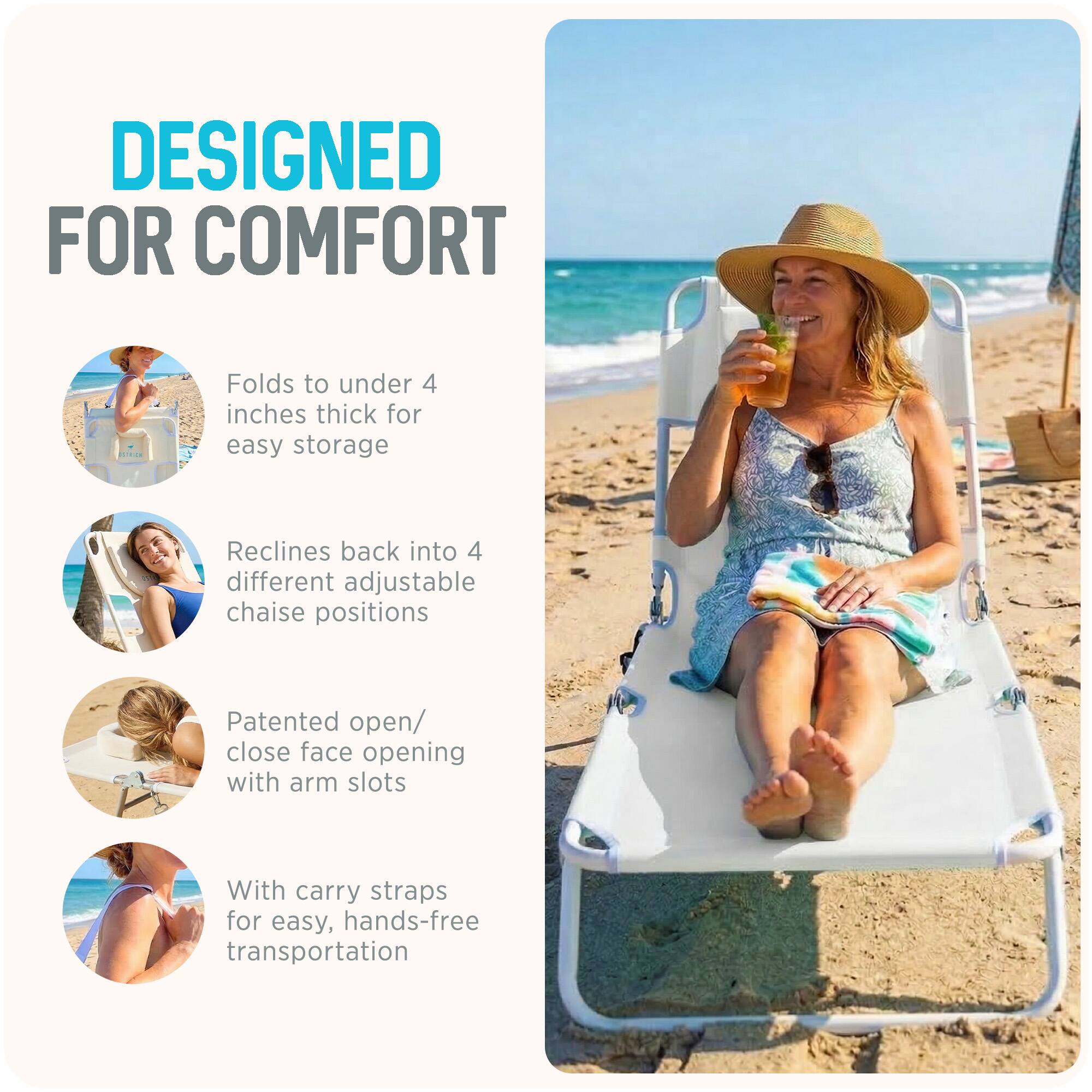 DESIGNED FOR COMFORT

- Folds to under 4 inches thick for easy storage
- Reclines back into 4 different adjustable chaise positions
- Patented open/close face opening with arm slots
- With carry straps for easy, hands-free transportation