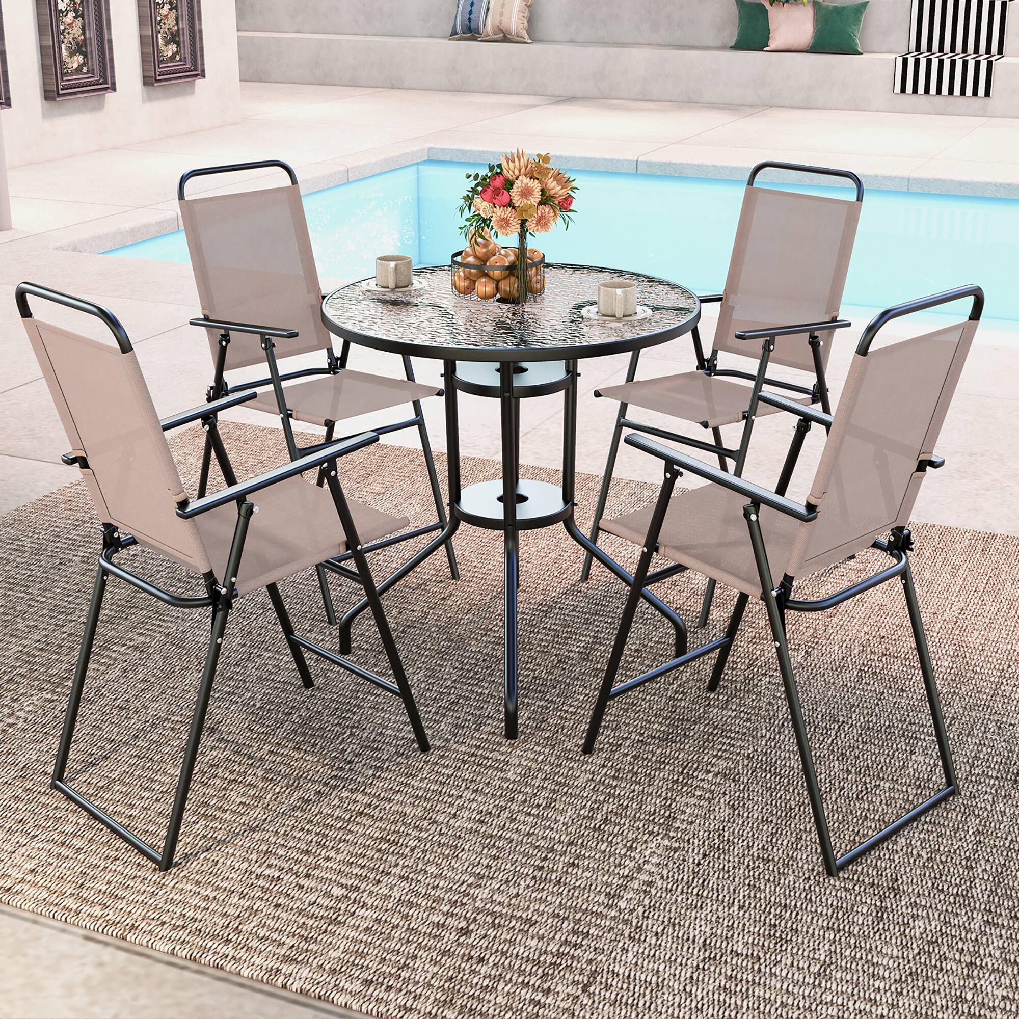 Alt View 1. Gymax - Gymax Outdoor Folding Bar Chair Set of 4 Patio Dining Chairs w/ Breathable Fabric - Beige.