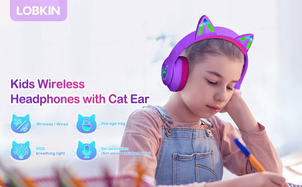 LOBKIN Kids Wireless Headphones with Cat Ear Wireless / Wired Storage bag RGB breathing light Siri activation (Siri voice assistant only)