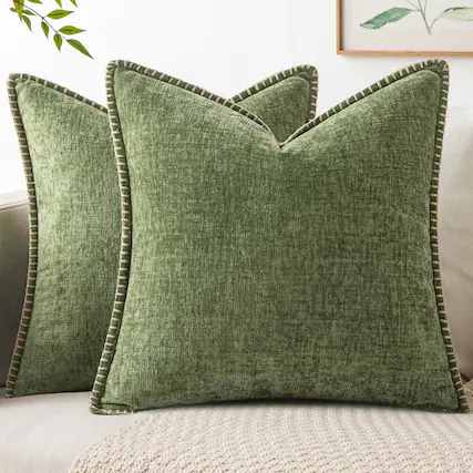 Front. FINEAK - Soft Chenille Pack of 2 Couch Throw Pillow Covers 18x18 Inch - Sage Green.