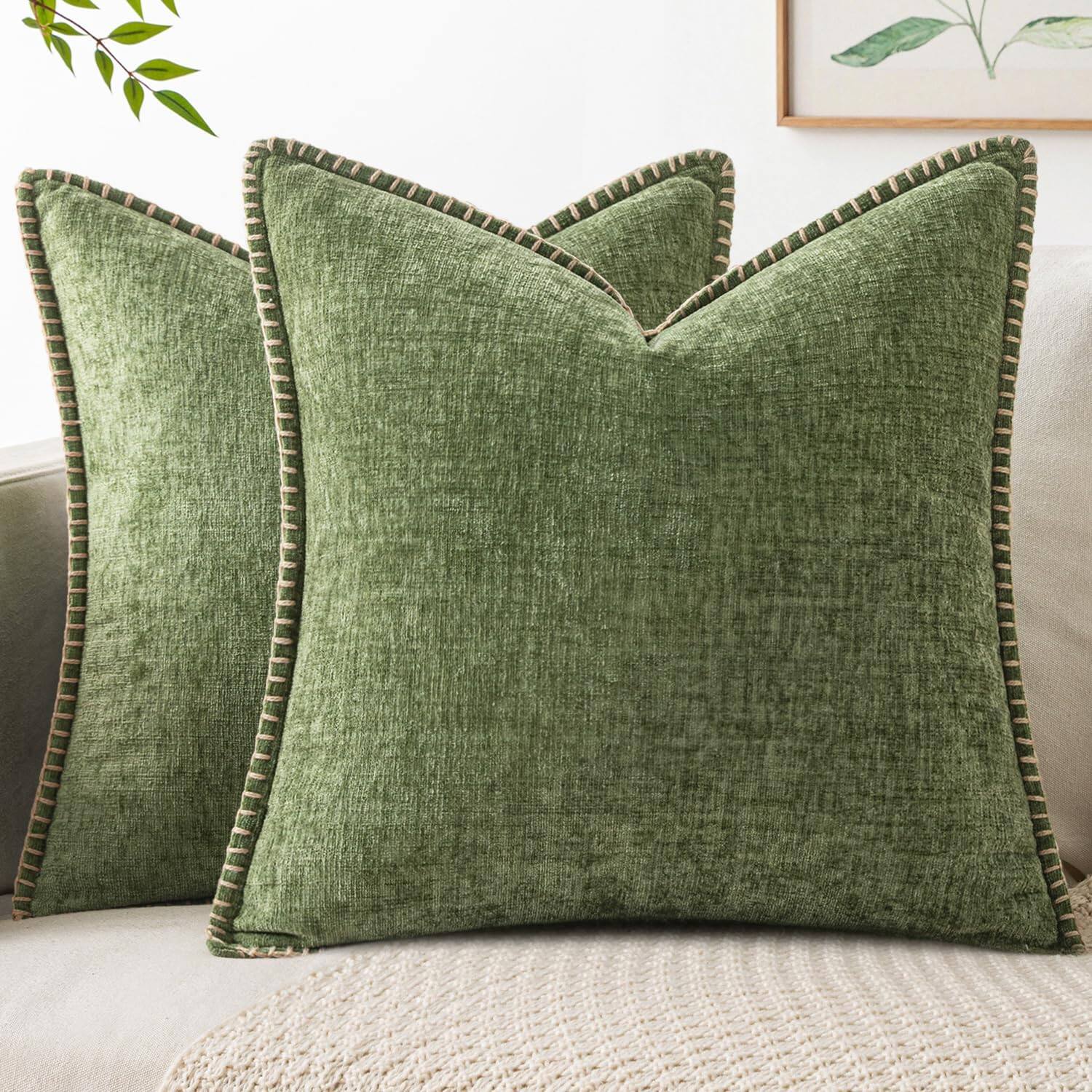 Front. FINEAK - Soft Chenille Pack of 2 Couch Throw Pillow Covers 18x18 Inch - Sage Green.