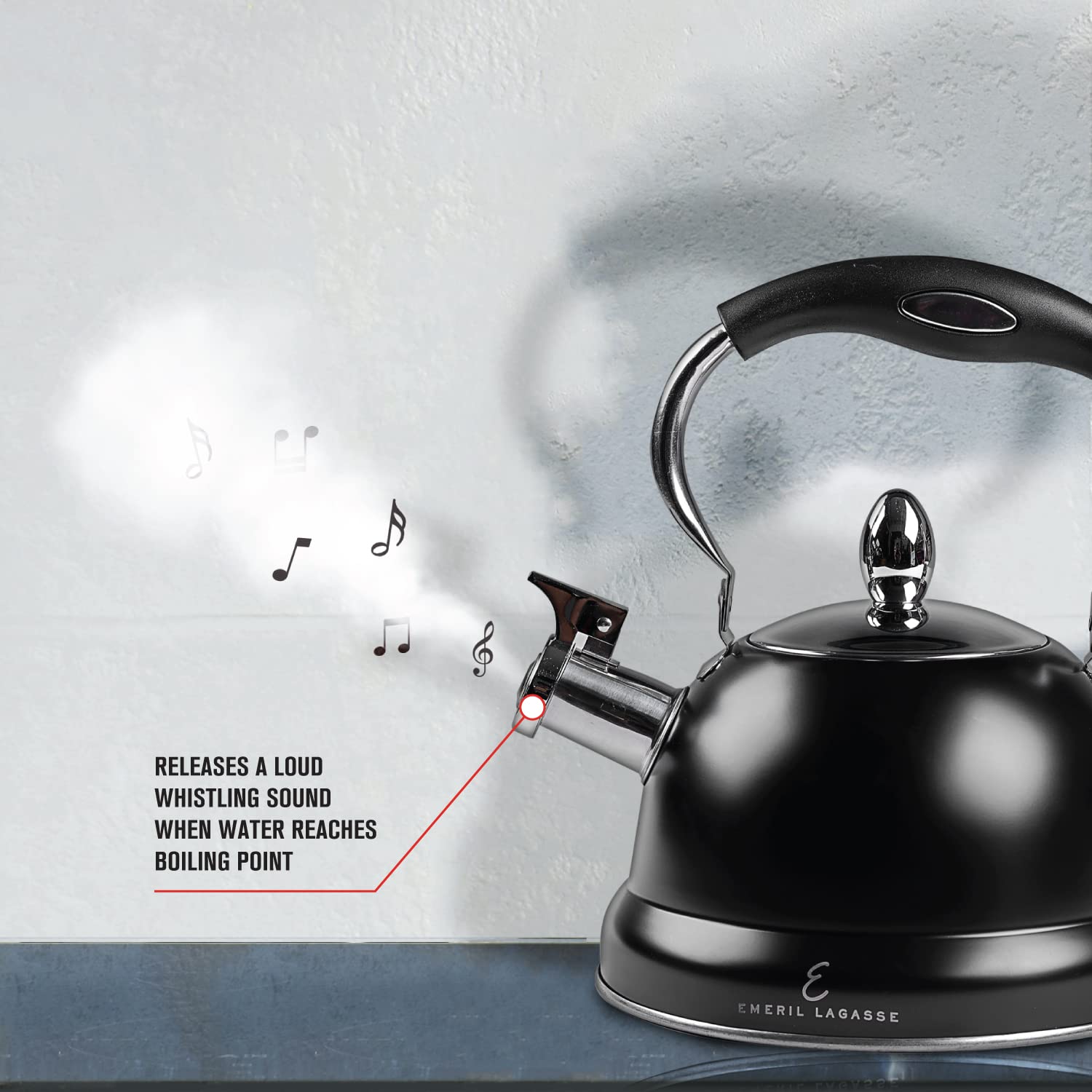 Releases a loud whistling sound when water reaches boiling point. Emeril Lagasse