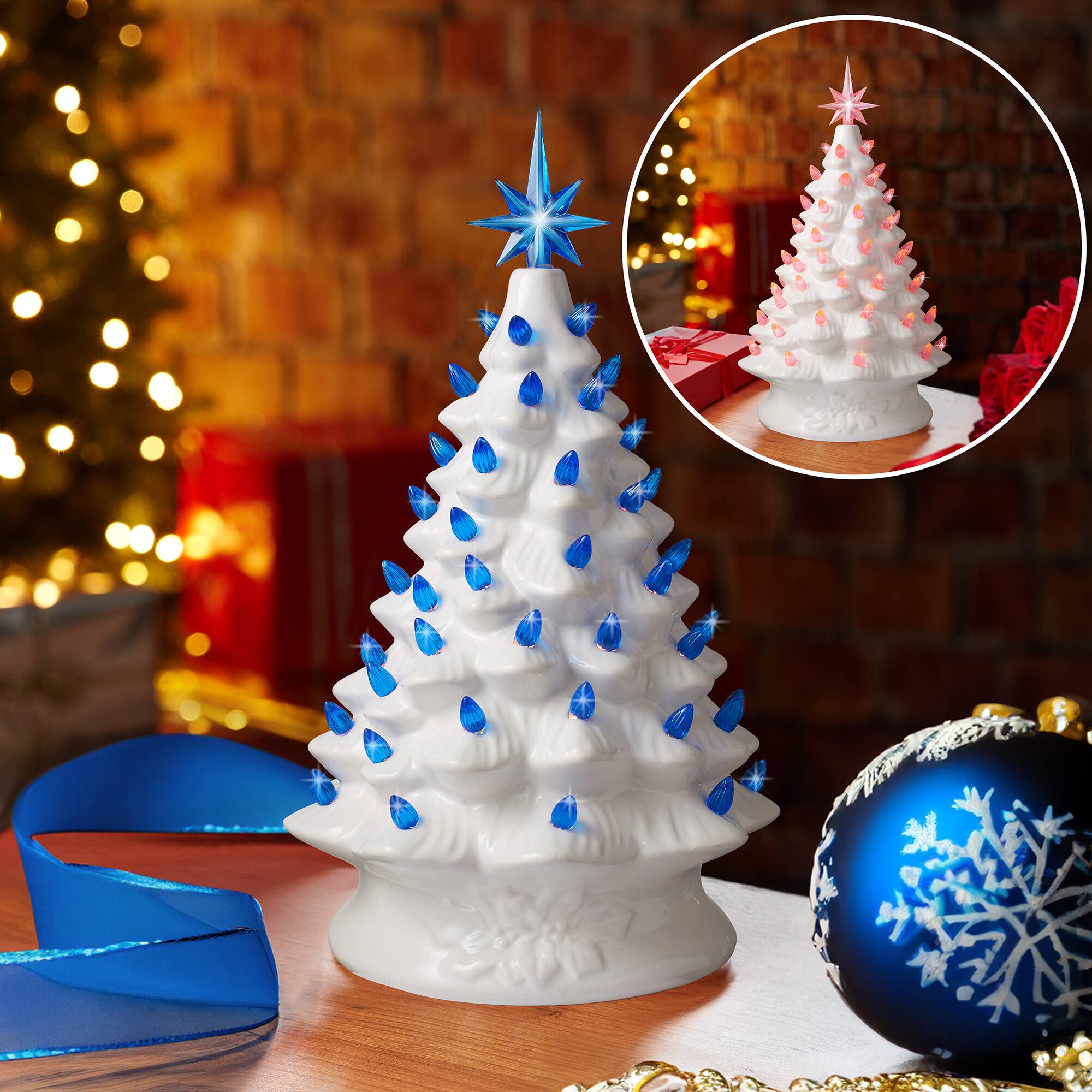 Alt View 6. Casafield - 15-in Hand Painted Ceramic Christmas Tree - Pre-Lit Tree with Star - White Pink Blue Lights.