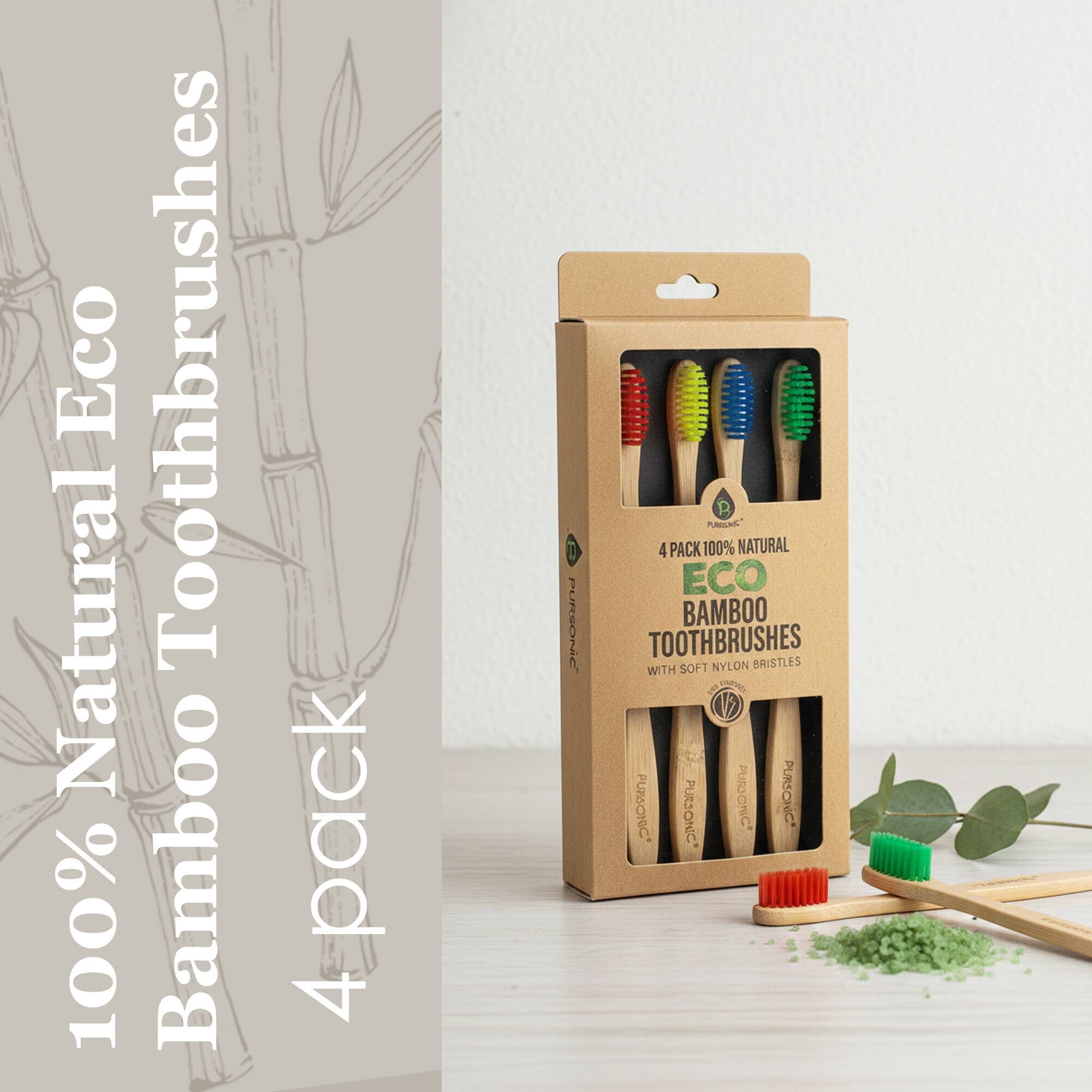 100% Natural Bamboo Toothbrushes 4 pack Eco Toothbrushes Natural 100% Bamboo pack 4 D PURSONIC p PiC 4 PACK 100% NATURAL ECO BAMBOO TOOTHBRUSHES SOFT NYLON BRISTLES WITH ON V2 PURSONIC PURSONIC PUTOCRIC PURSONIC