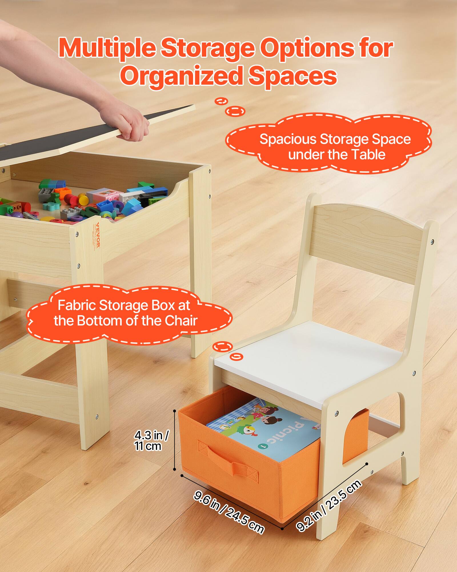 Multiple Storage Options for Organized Spaces  
Spacious Storage Space under the Table  
Fabric Storage Box at the Bottom of the Chair  

4.3 in / 11 cm  
9.6 in / 24.5 cm  
9.2 in / 23.5 cm