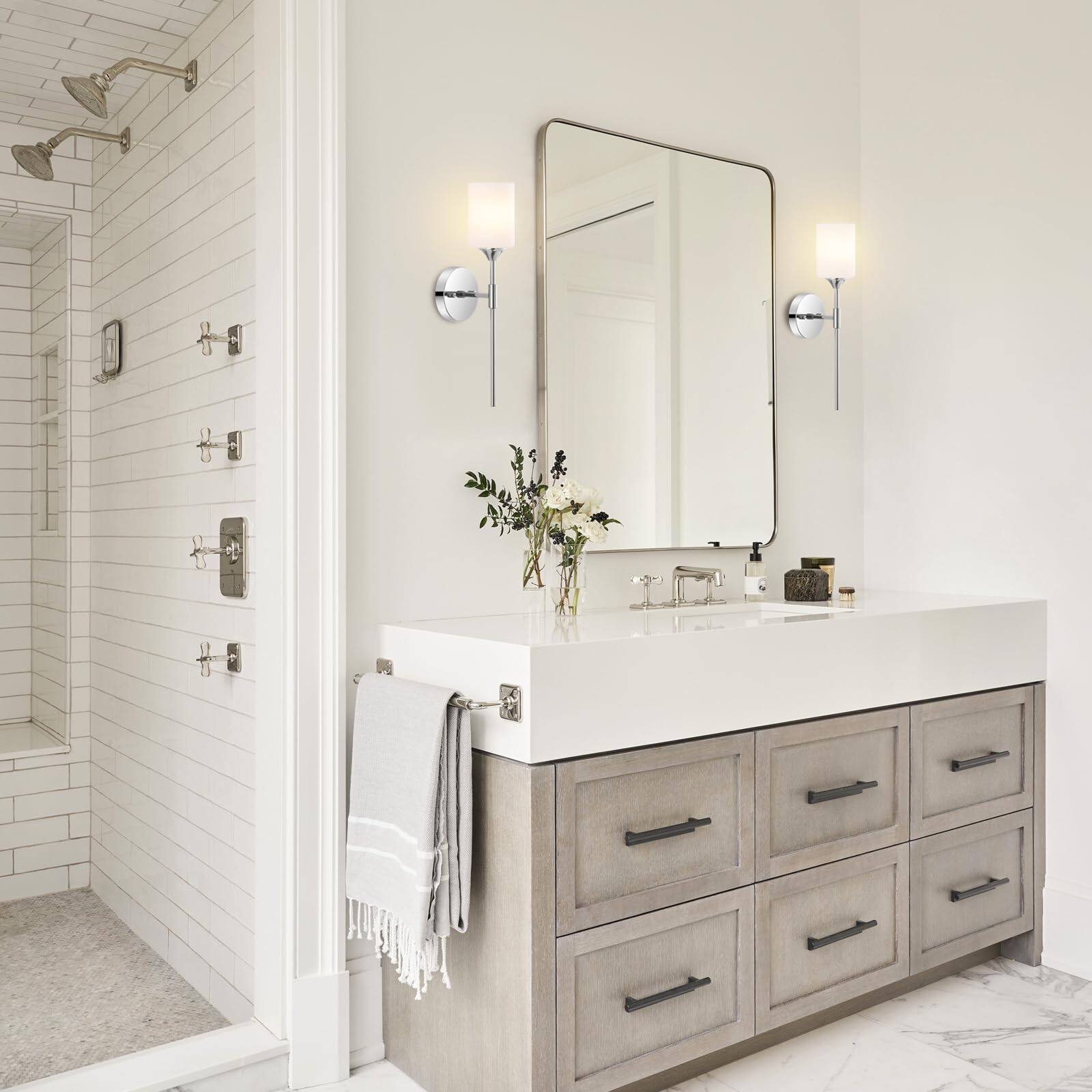 Back. Earthley Blooms - Modern Wall Sconce Set Of Cylinder Glass Shades Mid Century Bathroom Vanity Light Fixtures Industrial Lamp - Black.