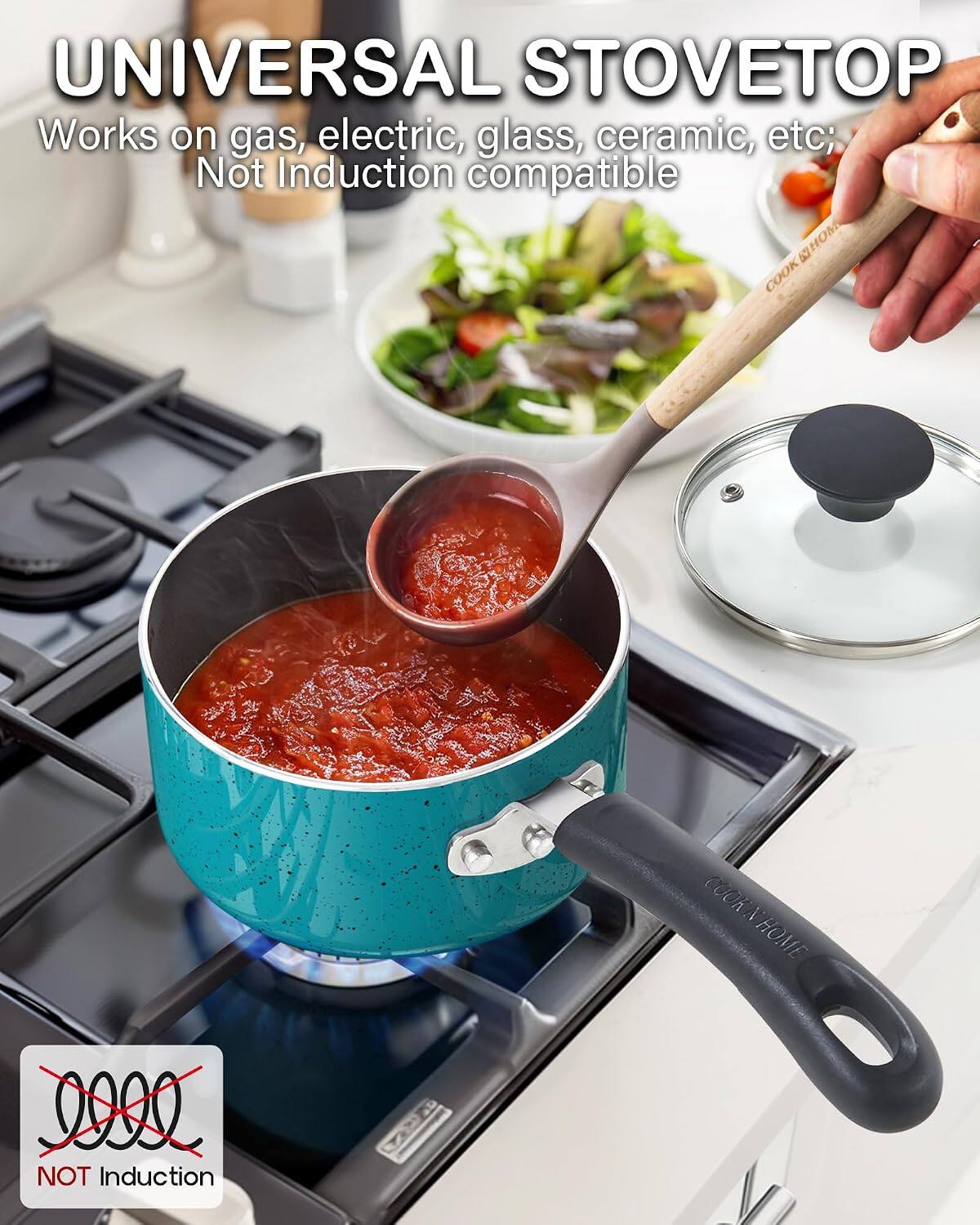 UNIVERSAL STOVETOP  
Works on gas, electric, glass, ceramic, etc; Not Induction compatible  

COOK N HOME D20  
NOT Induction