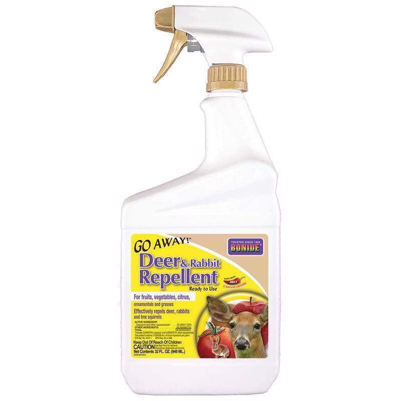 GO AWAY!  
Deer & Rabbit Repellent  
Ready to Use  

For fruits, vegetables, citrus, ornamentals and grasses  
Effectively repels deer, rabbits and tree squirrels  

Keep Out of Reach of Children  
CAUTION  

Net Contents 32 FL OZ (946 ML)