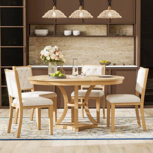 Left. LUCKY ONE - 5-Piece Vintage Dining Set with 58" Extendable Round Dining Table and 4 Upholstered Chairs - Natural.