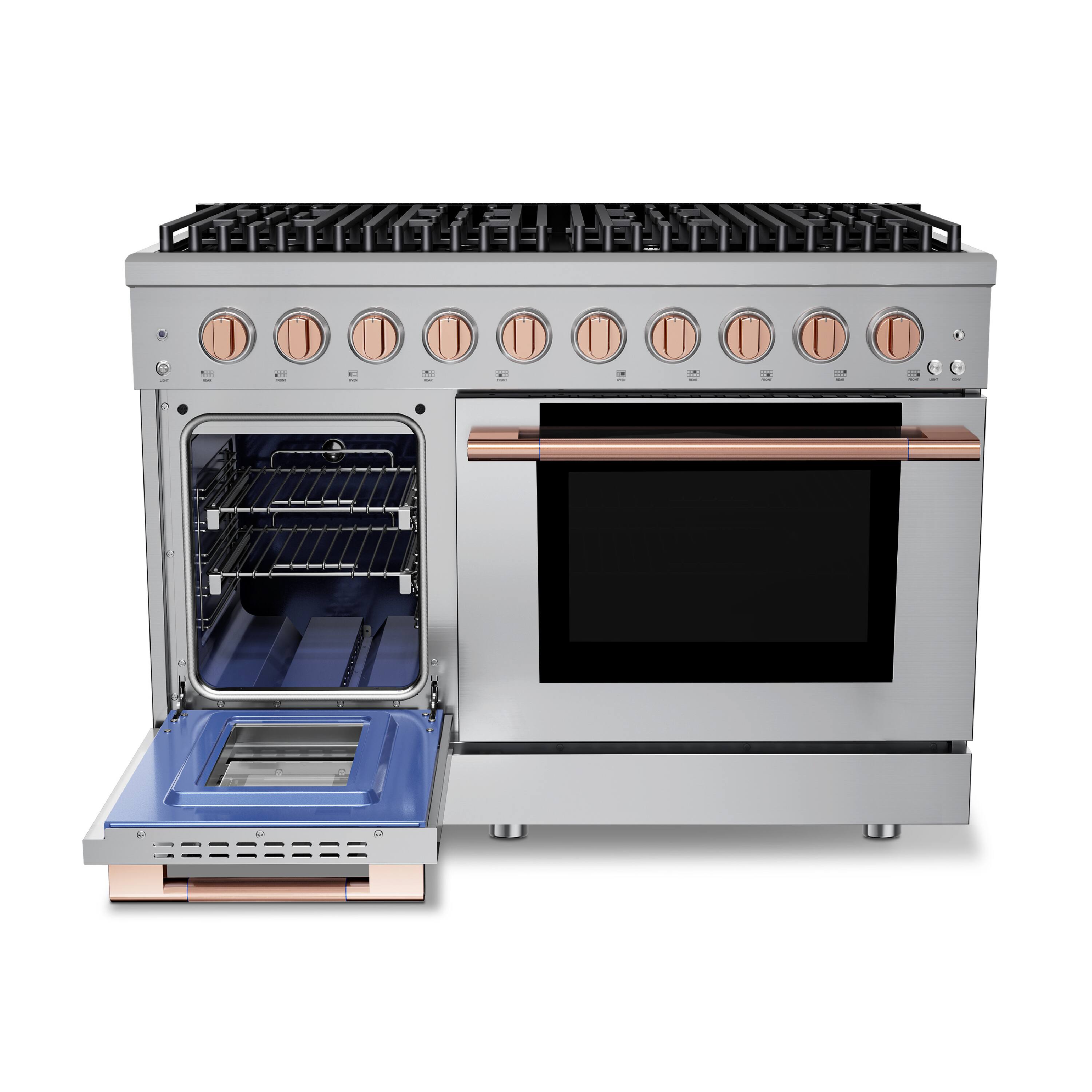 Angle. Hauslane - HausPro 48 in. 8 Burners Gas Range in Rose Gold with 20,000 BTU and Double Oven with 5 Rack Positions - Rose Gold.