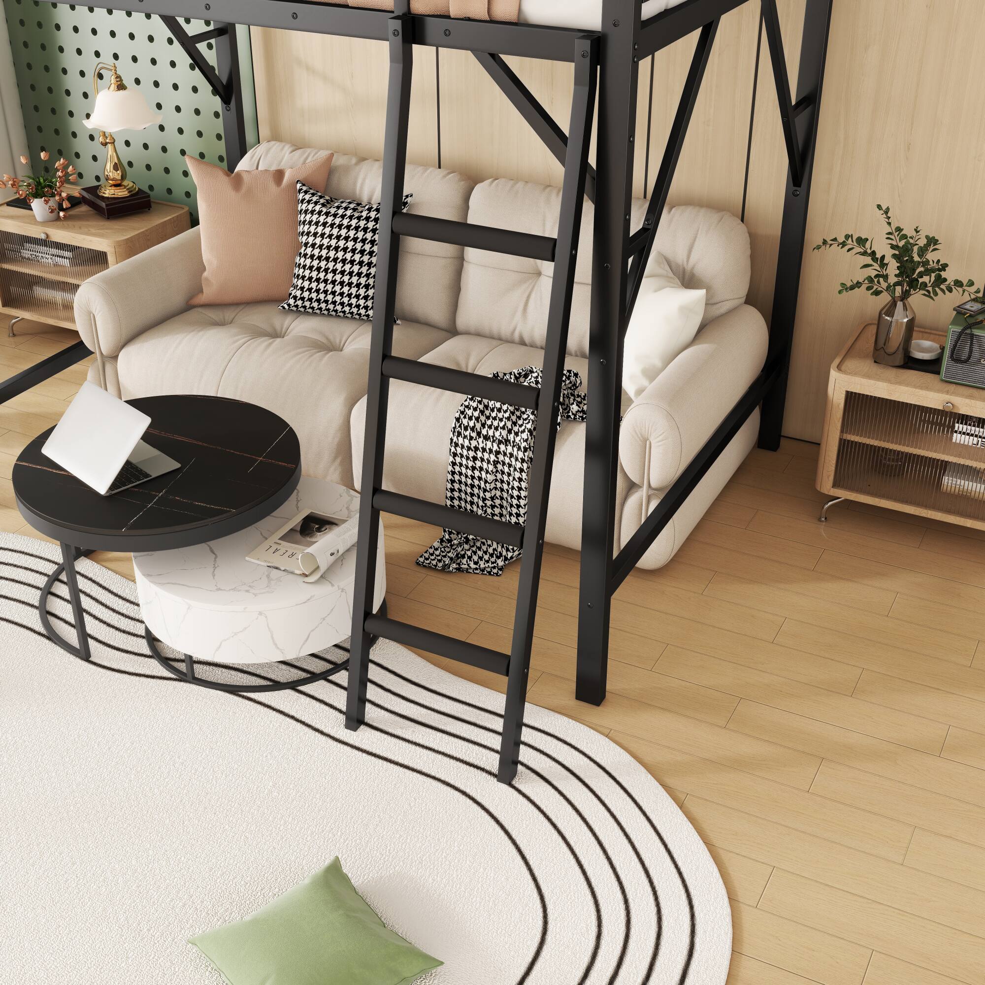 Left. GOODSILO - Queen Size Metal Loft Bed with Storage Shelves and Ladder for Kids and Teens - Black.