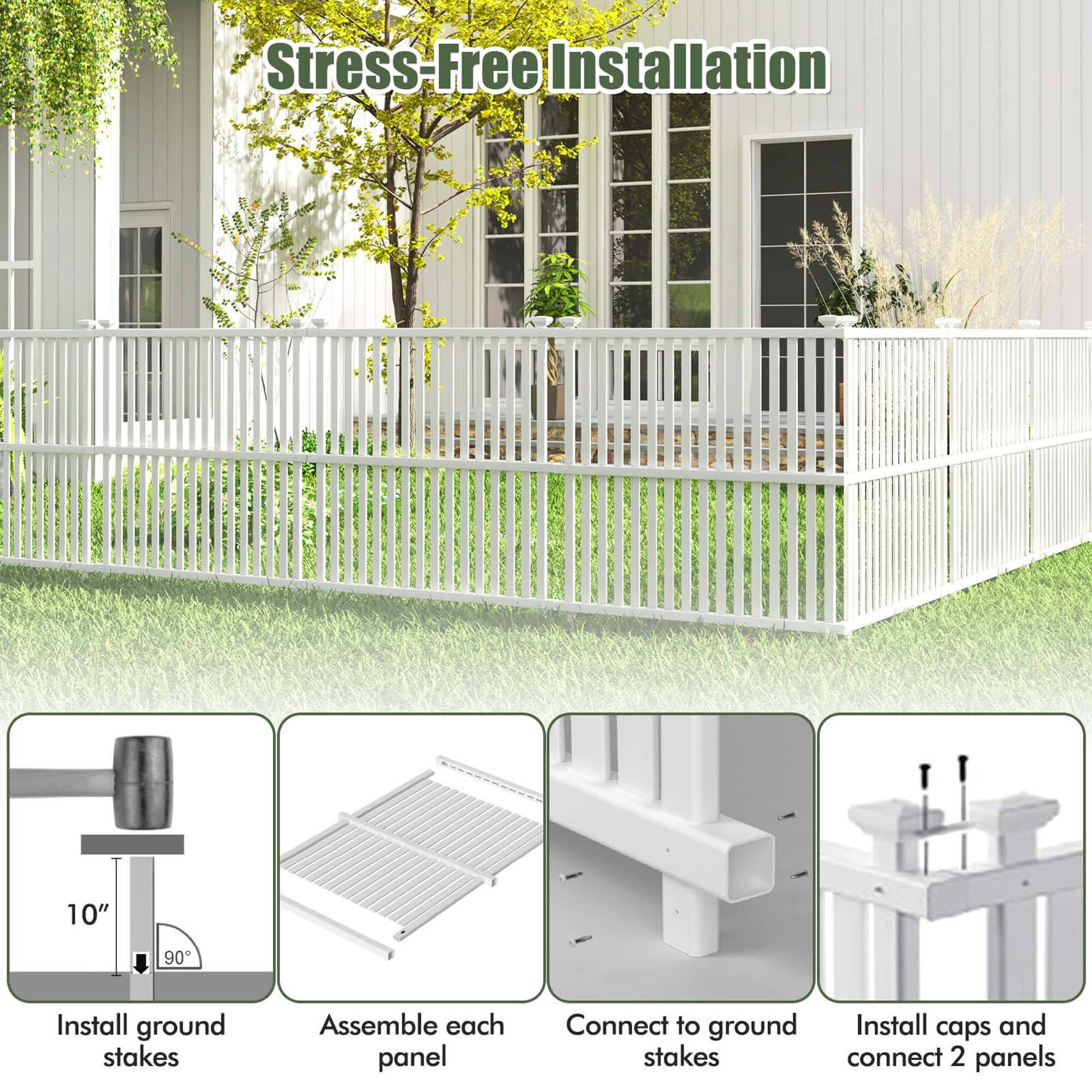 Group: Stress-Free Installation

Corrected text: Stress-Free Installation 10" 90 Install ground stakes Assemble each panel Connect to ground Install caps and stakes connect 2 panels