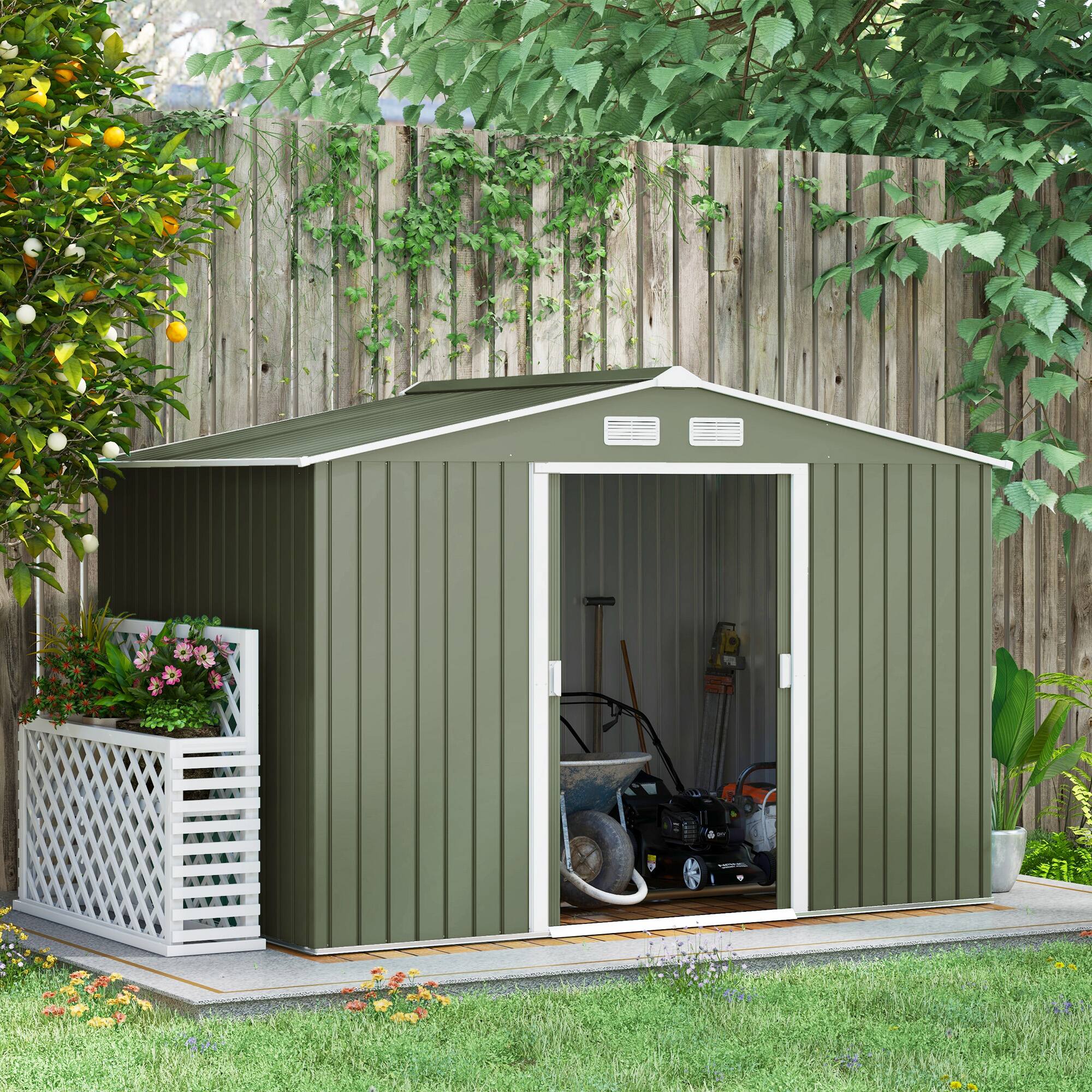 Alt View 1. Outsunny - 9' x 6' Outdoor Storage Shed, Garden Tool Metal Shed with Foundation Kit, Double Lockable Door.