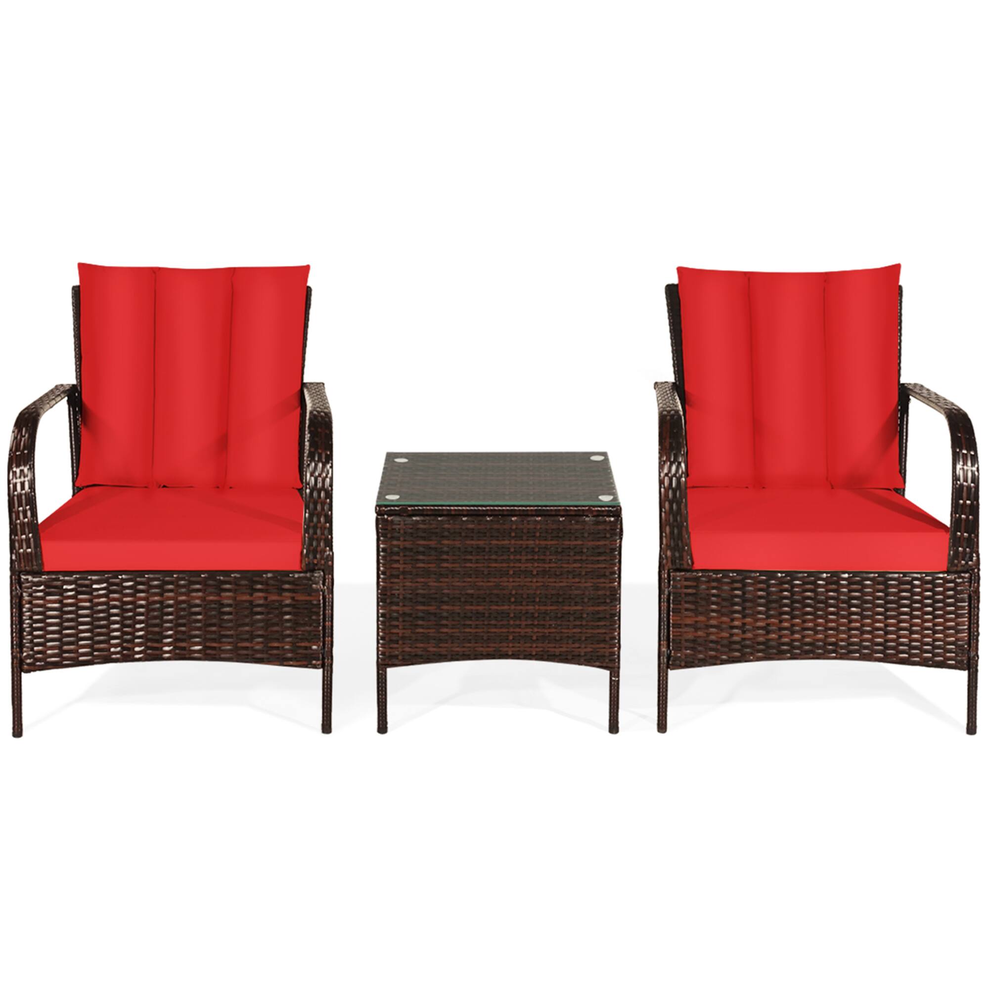 Alt View 4. Gymax - Gymax 3PCS Patio Rattan Conversation Set Outdoor Furniture Set w/Table - Red.