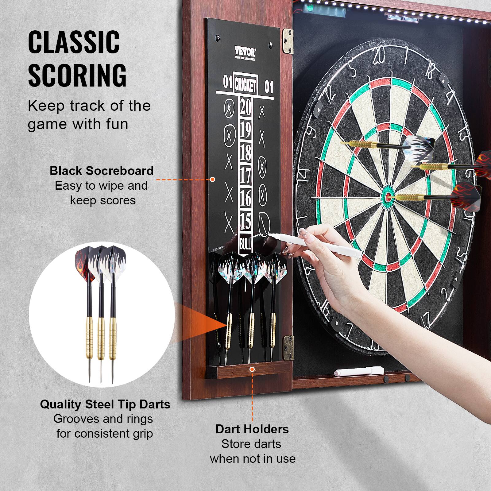CLASSIC SCORING  
Keep track of the game with fun  

Black Scoreboard  
Easy to wipe and keep scores  

Quality Steel Tip Darts  
Grooves and rings for consistent grip  

Dart Holders  
Store darts when not in use