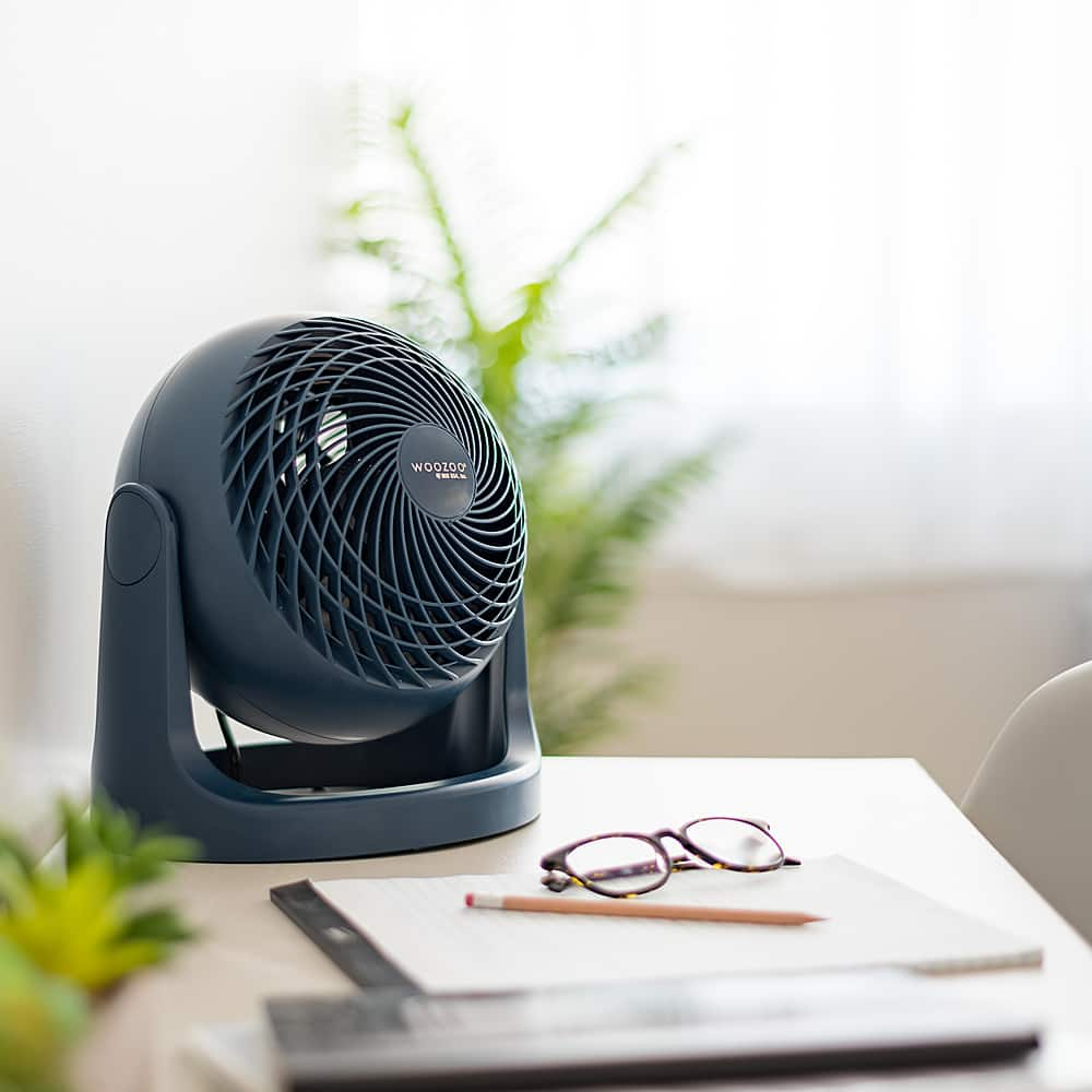 Left View: Woozoo Air Circulator Fan - 3 Speed Desk Fan - 275 ft² Area Coverage - Navy