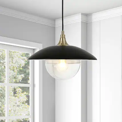 Front. Hudson&Canal - Alvia Clear Glass Pendant - Matte Black/Brass.