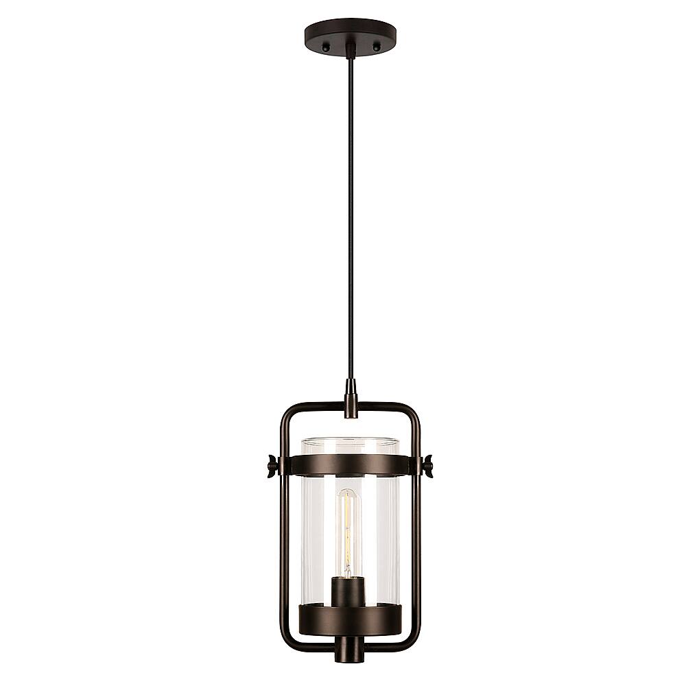Angle. Hudson&Canal - Orion Industrial Clear Glass Pendant - Blackened Bronze.