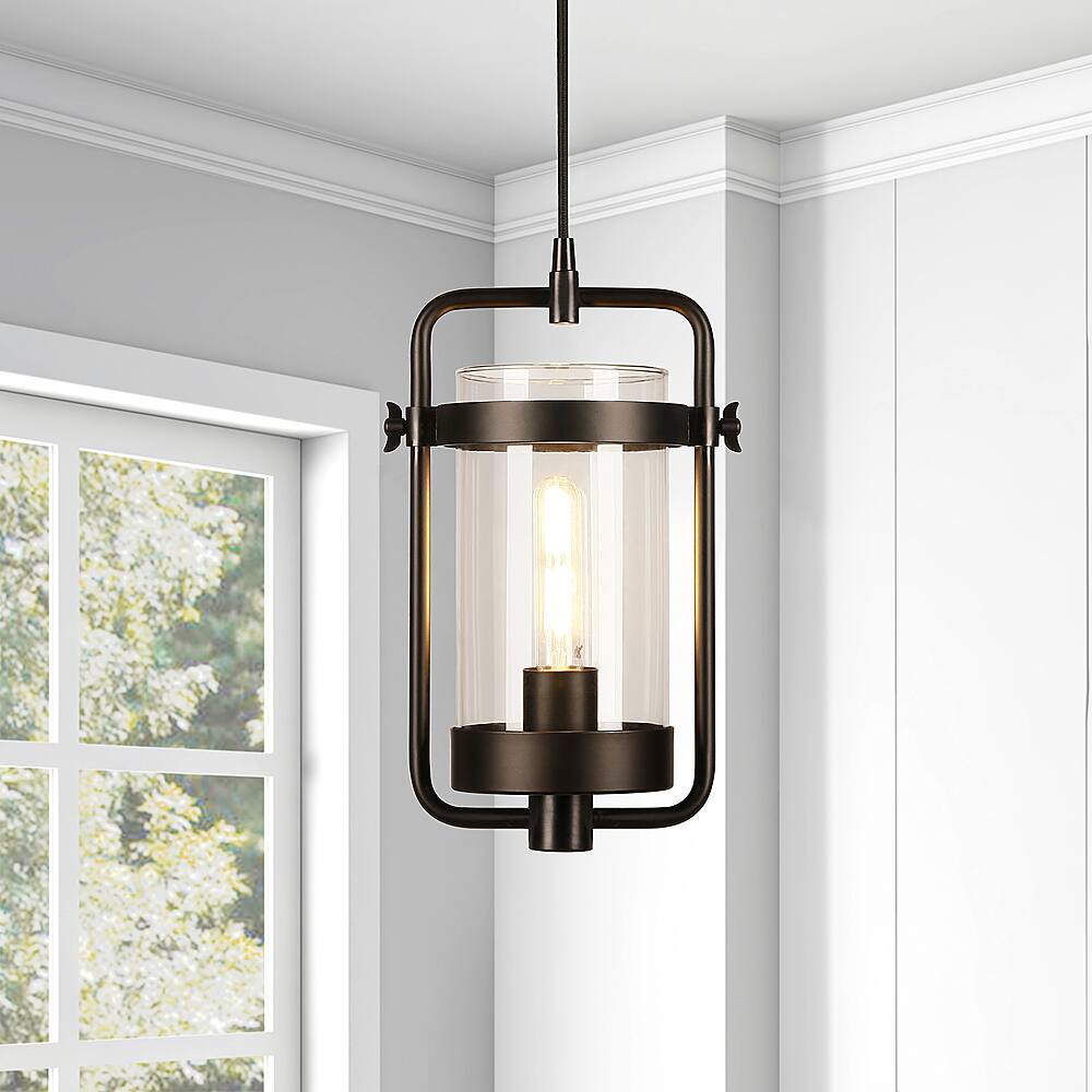 Alt View 11. Hudson&Canal - Orion Industrial Clear Glass Pendant - Blackened Bronze.