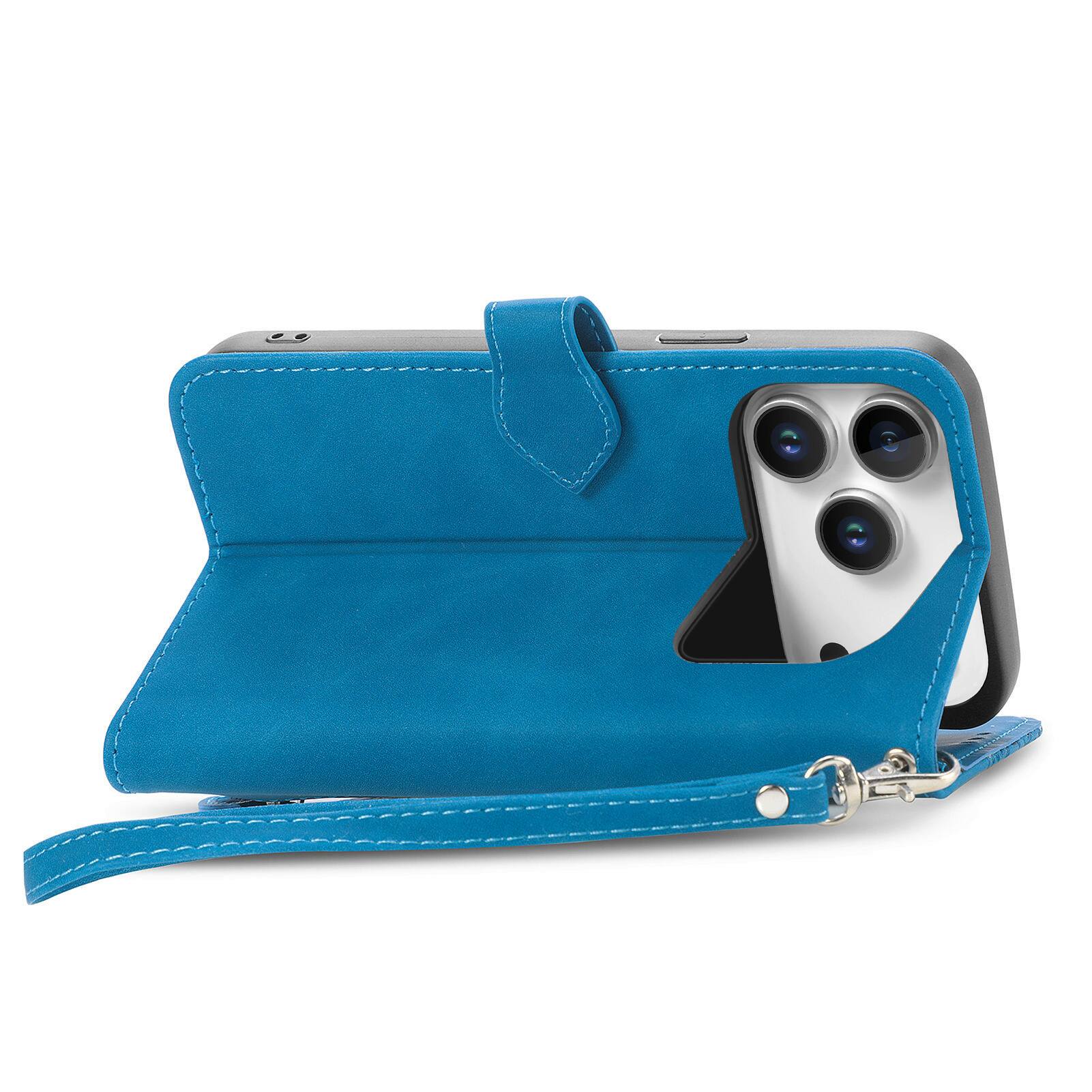 Left. Dteck - for Apple iPhone 17 Pro Wallet Case,Folio Shockproof PU Leather Card Holder Cover with Zipper Pocket & Wrist Strap - Blue.