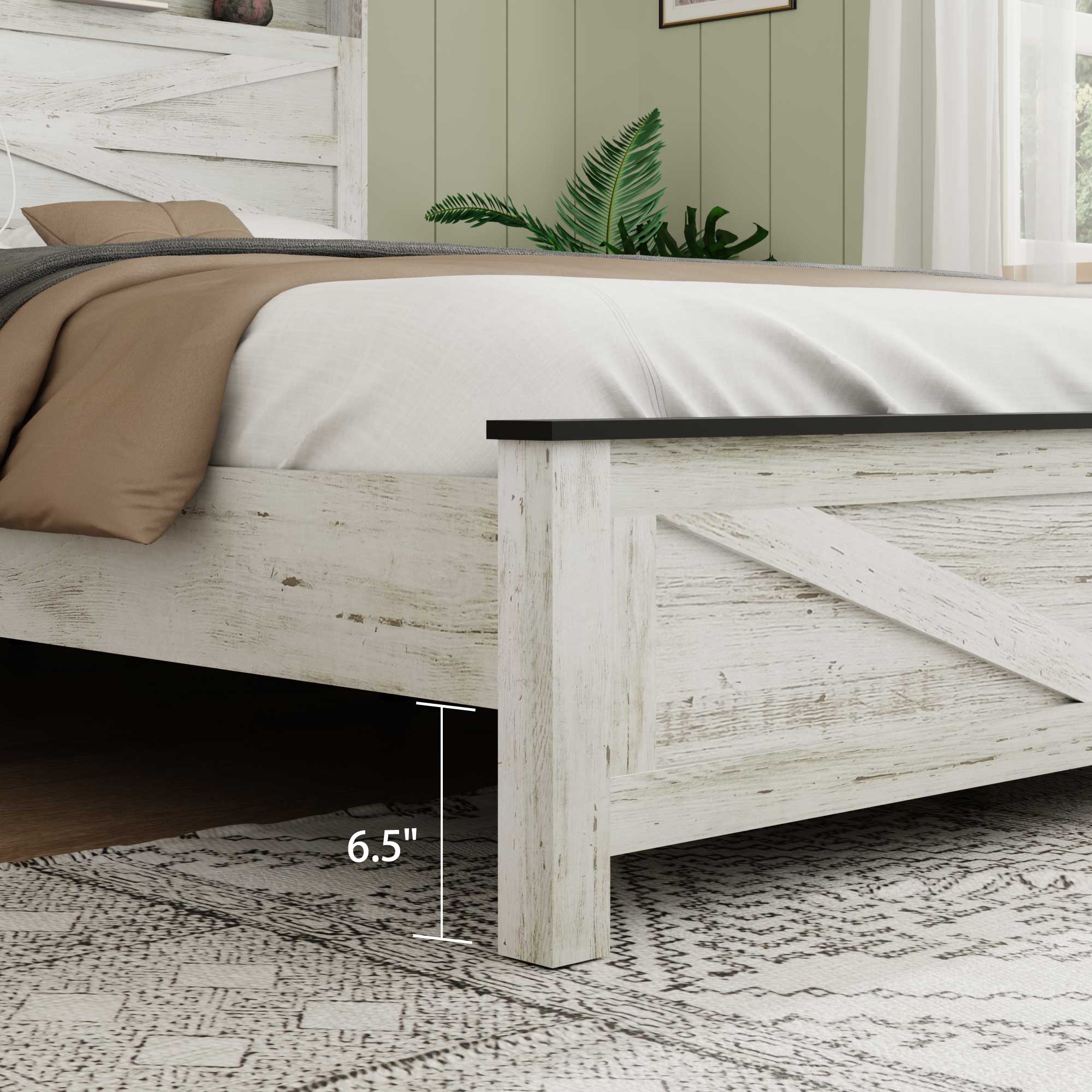 Back. LUCKY ONE - Full Size Bed Frame With LED lights and Charging Station - Antique White+Gray.