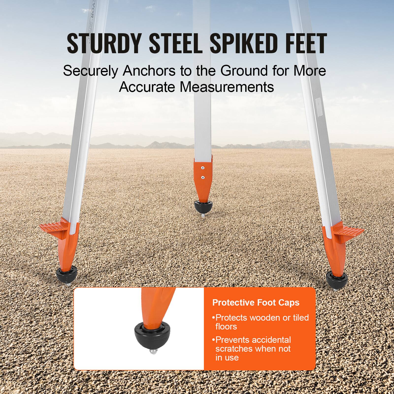 STURDY STEEL SPIKED FEET  
Securely Anchors to the Ground for More Accurate Measurements

Protective Foot Caps  
- Protects wooden or tiled floors  
- Prevents accidental scratches when not in use
