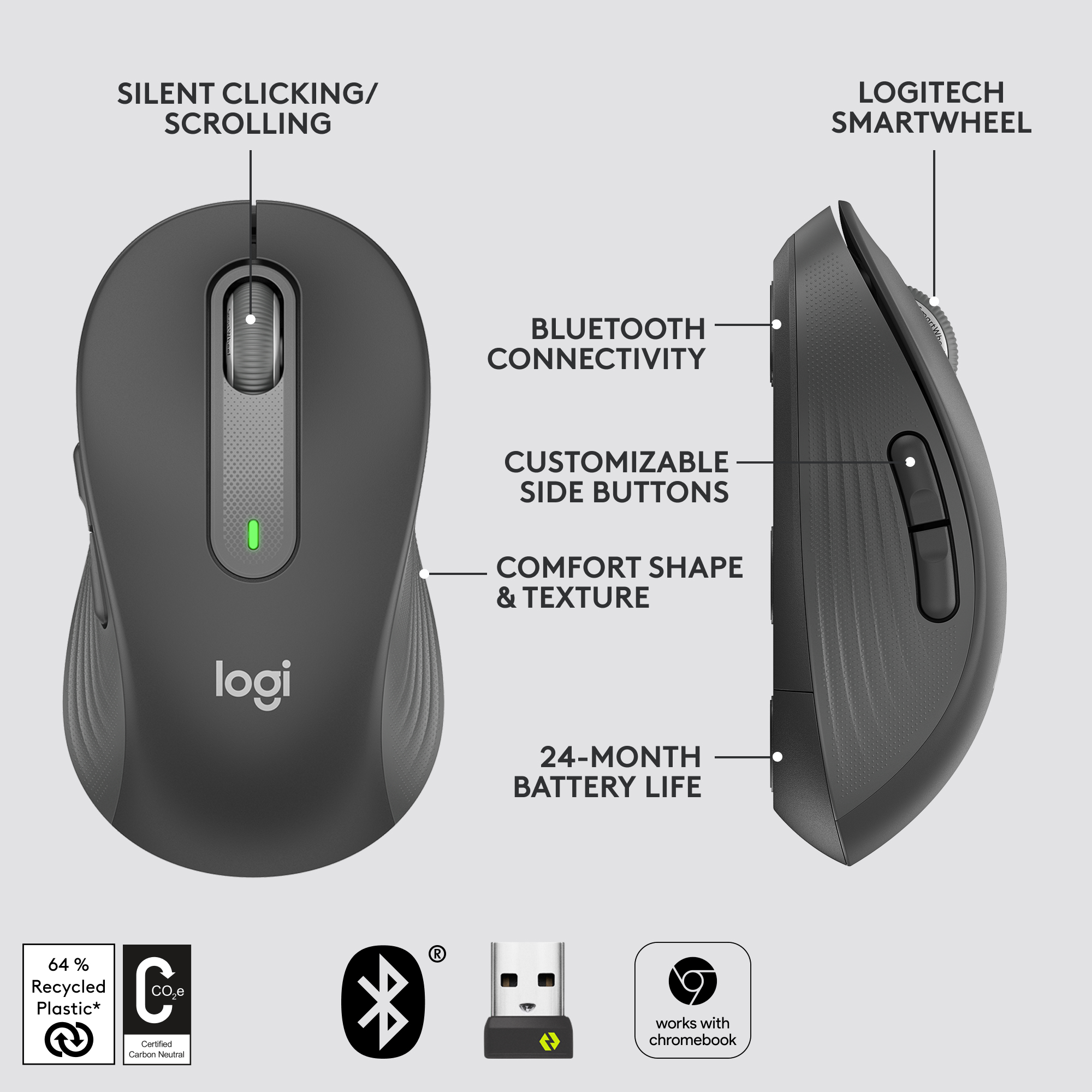Logitech M650 Signature Wireless Mouse 4000Dpi Bluetooth Mice 5 Keys USB  Mice Sensor Technology Smartwheel Scrolling Windows OS