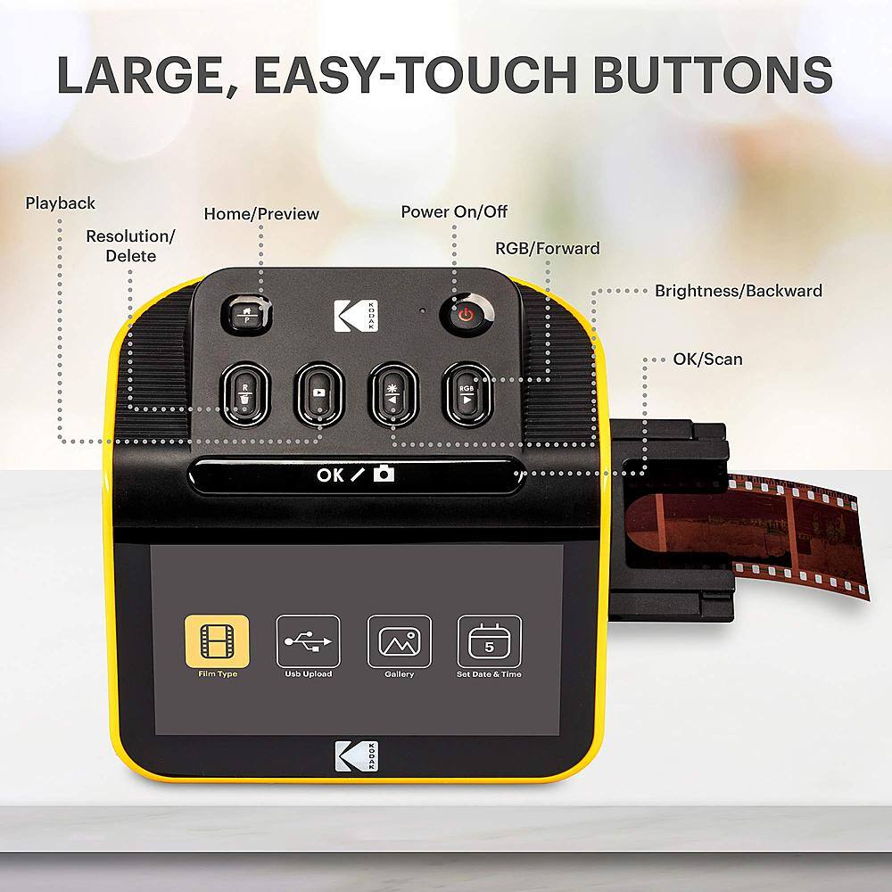 The text on the image reads: "LARGE, EASY-TOUCH BUTTONS Playback Home/Preview Resolution/ Delete Power On/Off RGB/Forward Brightness/Backward OK/Scan."