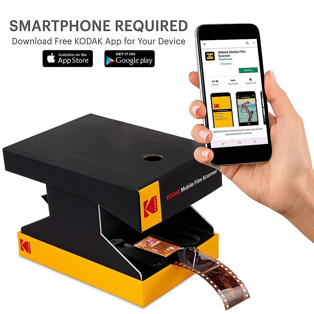 SMARTPHONE REQUIRED: Download the FREE KODAK App for your device from the App Store or Google Play. KODAK Mobile Film Scanner - Pocket-sized, portable, and easy to use. Install the app and start scanning your film today!