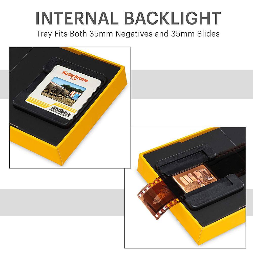 The image features a yellow box with a tray that fits both 35mm negatives and 35mm slides. The box is designed to hold Kodachrome film processing services, which suggests that it is a product for photographers who use Kodachrome film. The box is likely intended to protect the film and slides during transportation or storage.