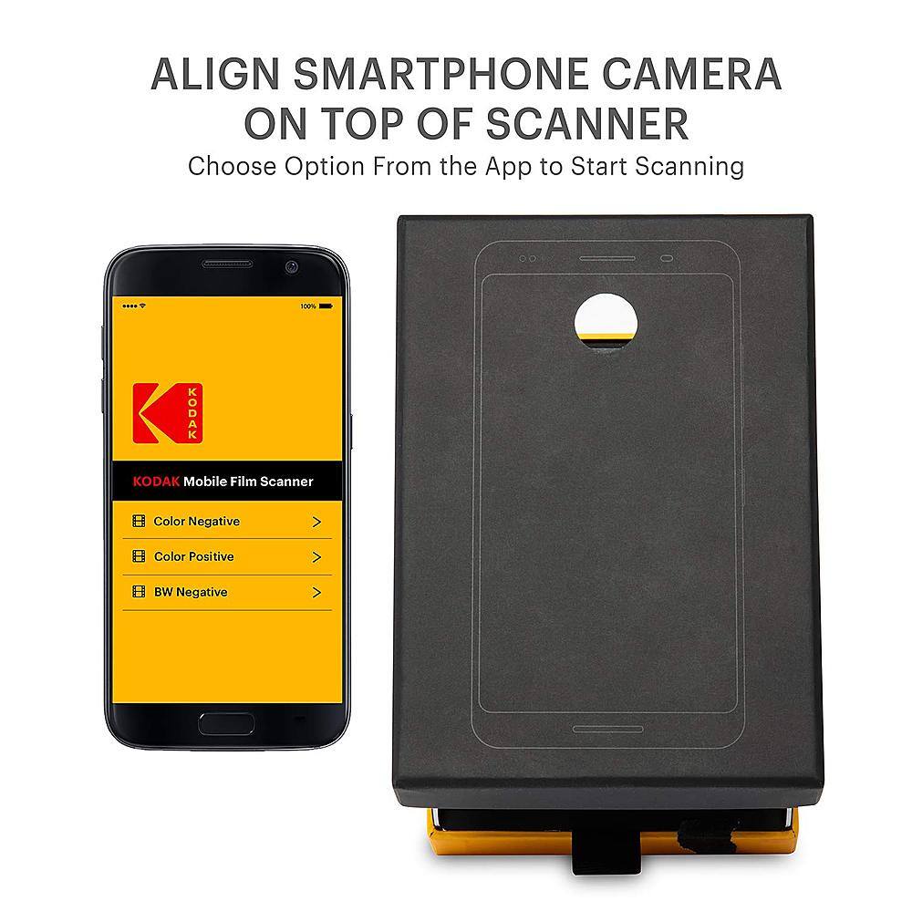 Align Smartphone Camera on Top of Kodak Mobile Film Scanner. Choose Option from the App to Start Scanning. 10 Kodak Mobile Film Scanner Options: Color Negative, Color Positive, BW Negative.