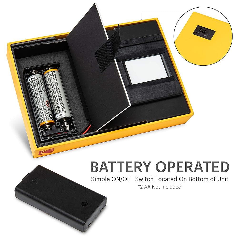 The text on the image reads: "Battery Operated. Simple ON/OFF Switch Located On Bottom of Unit. 2 AA Not Included."