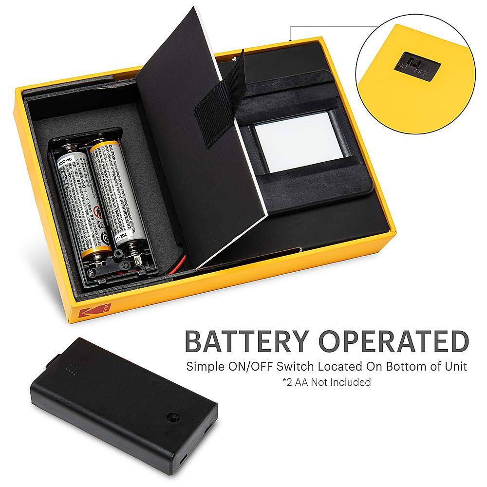 The text on the image reads: "Battery Operated. Simple ON/OFF Switch Located On Bottom of Unit. 2 AA Not Included."