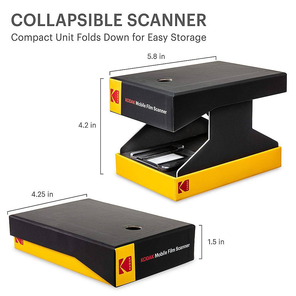 The text on the image reads: "Collapsible Scanner Compact Unit Folds Down for Easy Storage 5.8 in x 4.25 in x 4.2 in VOGEN: K: Film Scanner Mobile KODAK 1.5 in."