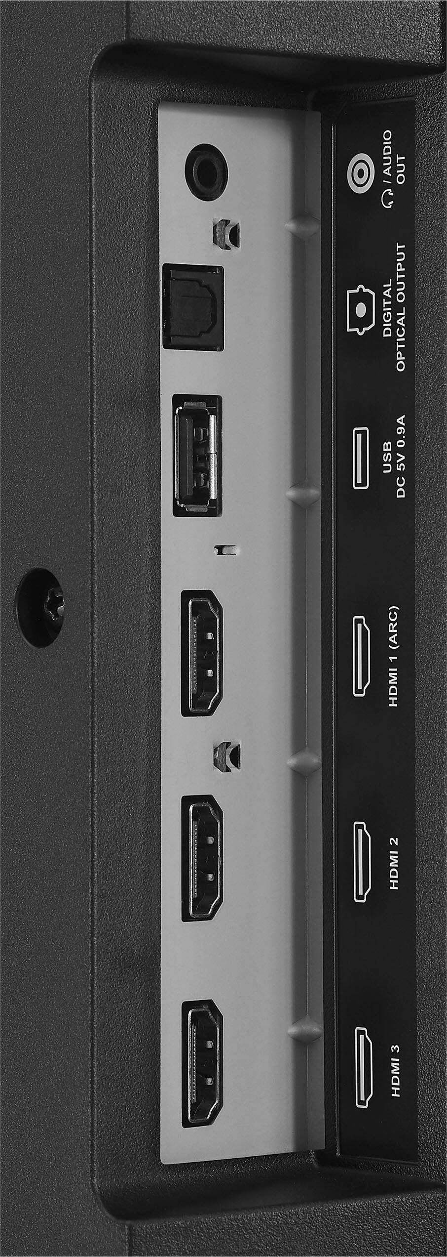The image shows a black box with a row of ports. The ports include an HDMI port, two USB ports, and an audio port. The ports are labeled with their corresponding names, such as "HDMI 1," "HDMI 2," "HDMI 3," "USB 0.9A," and "USB 5V DC I (ARC)."