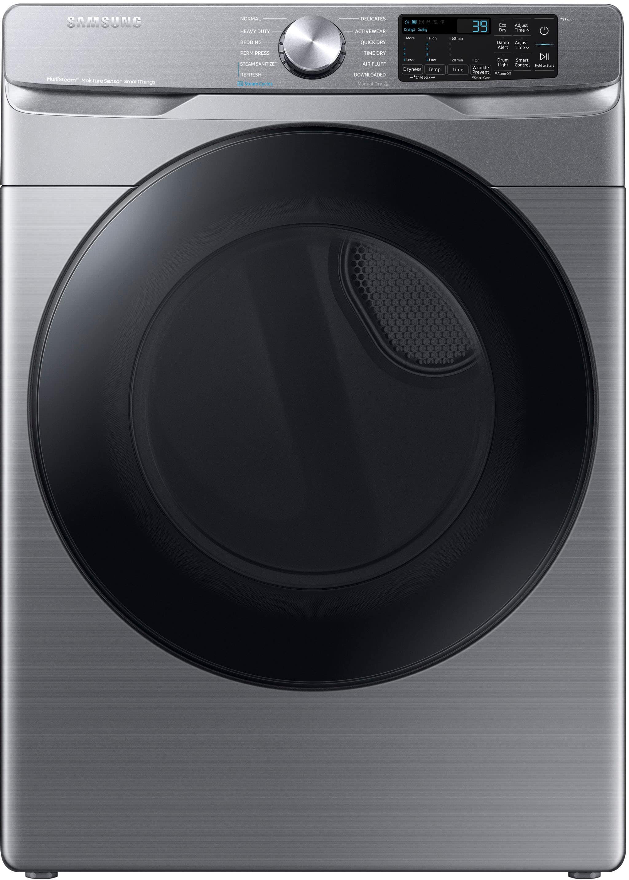 Front. Samsung - 7.5 Cu. Ft. Stackable Smart Electric Dryer with Steam Sanitize+ - Platinum.