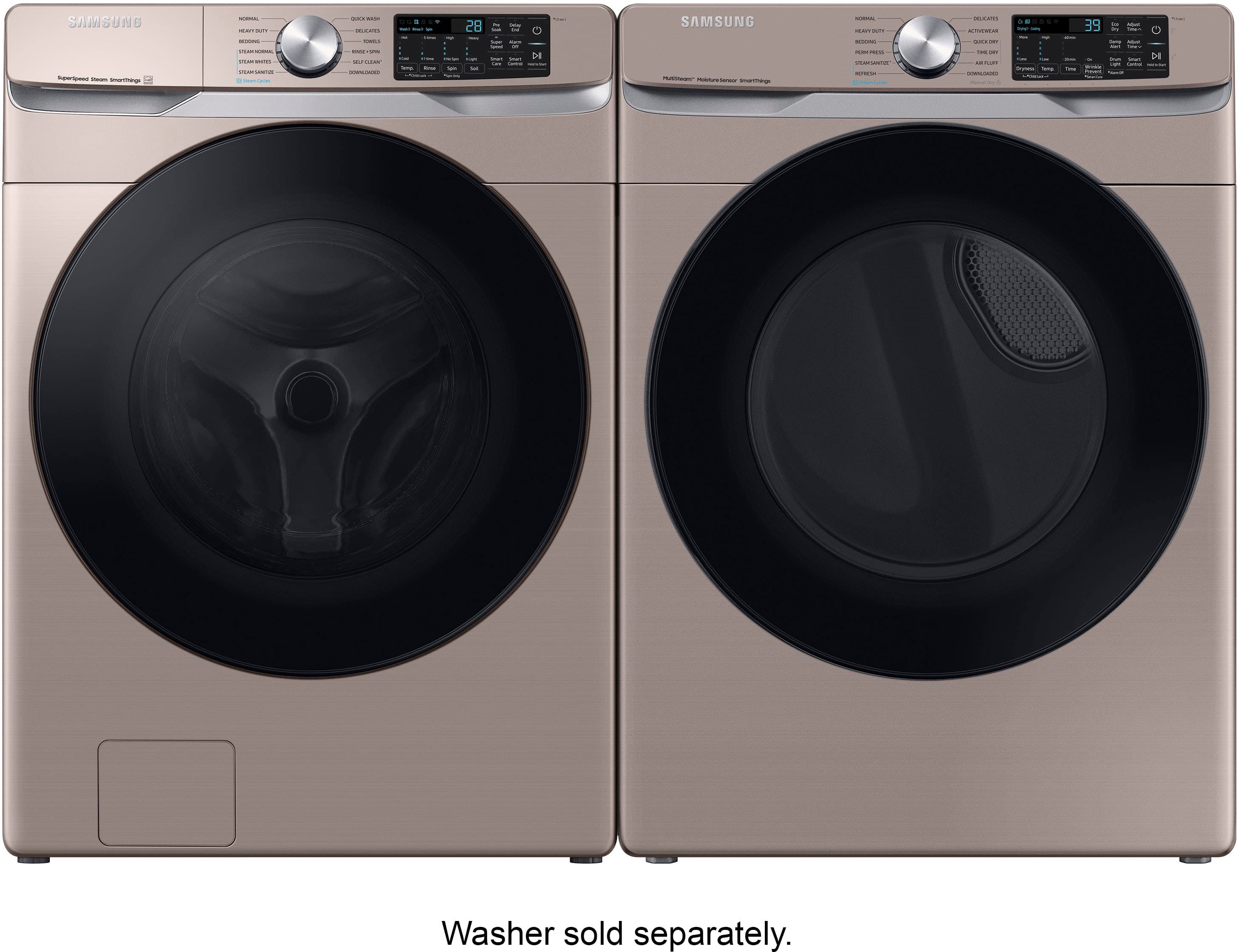 The image features a pair of Samsung washers and dryers, with the washers being sold separately. The dryers are placed next to each other, while the washers are positioned in front of them. The washers are designed to be used with the dryers, providing a complete laundry solution for users.