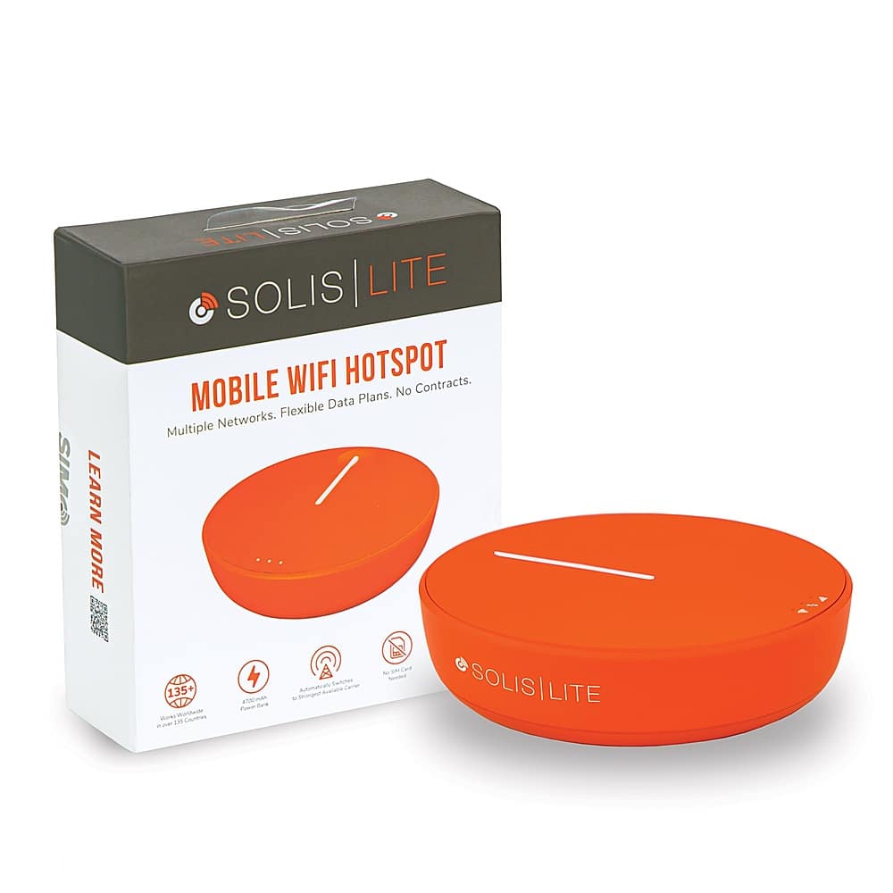 Left. Solis - Lite 4G LTE Global Wi-Fi Hotspot + PowerBank - Mobile Router, Lifetime Data Plan - Orange.