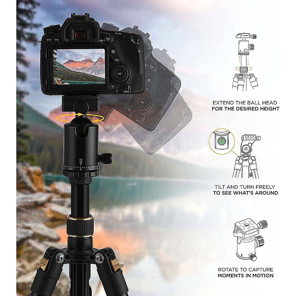 The text on the image reads: "AF-ON D0 MT AP-On t LOCK ST EXTEND THE BALL HEAD FOR THE DESIRED HEIGHT LOOK AROUND TILT AND TURN FREELY TO SEE WHAT'S AROUND ROTATE TO CAPTURE MOMENTS IN MOTION."
