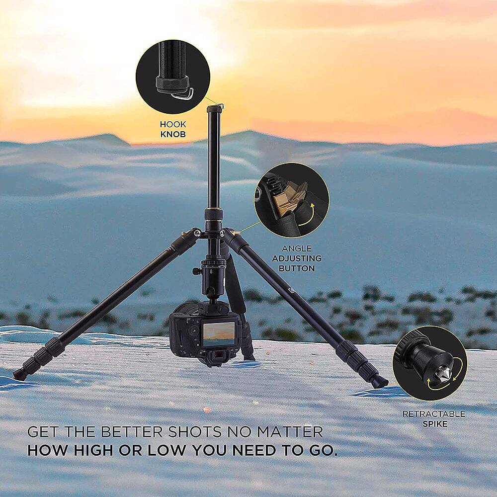 The text on the image reads: "HOOK KNOB ANGLE ADJUSTING BUTTON GET THE BETTER SHOTS NO MATTER HOW HIGH OR LOW YOU NEED TO GO. RETRACTABLE SPIKE."