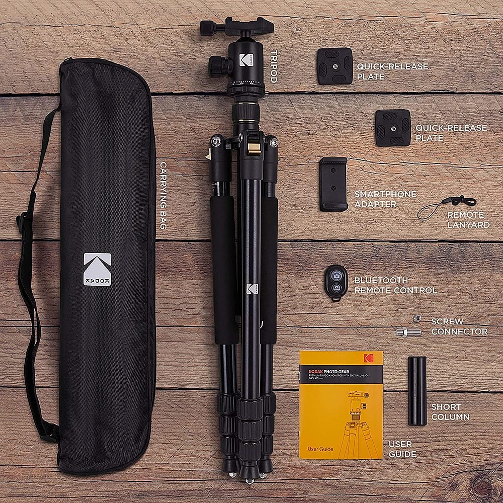 The image features a tripod with a quick-release plate, a carrying bag, a smartphone adapter, a remote, a lanyard, a Bluetooth remote control, a screw connector, and a short column. The tripod is accompanied by a user guide, which provides instructions on how to use the tripod and its various components. The tripod is placed on a wooden table, and the different parts are laid out next to it for easy reference.
