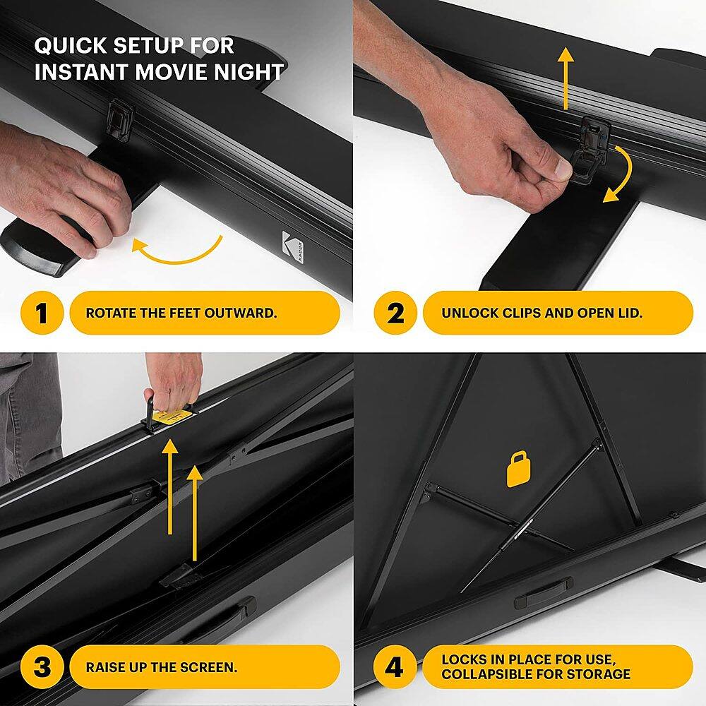 Quick Setup for Instant Movie Night:
1. Rotate the feet outward.
2. Unlock clips and open lid.
3. Raise up the screen.
4. Locks in place for use, collapsible for storage.
