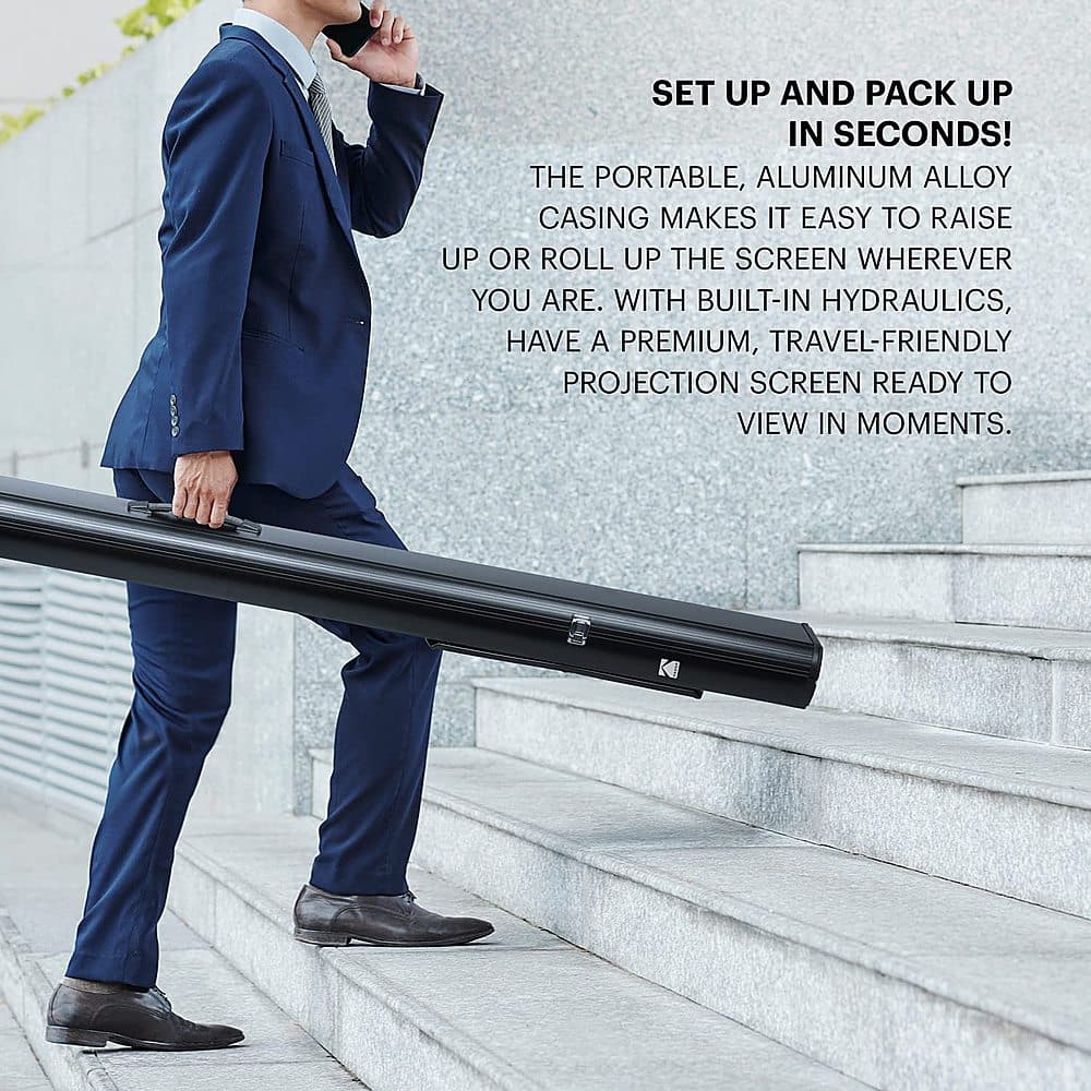 Set up and pack up in seconds! The portable, aluminum alloy casing makes it easy to raise up or roll up the screen wherever you are. With built-in hydraulics, have a premium, travel-friendly projection screen ready to view in moments.