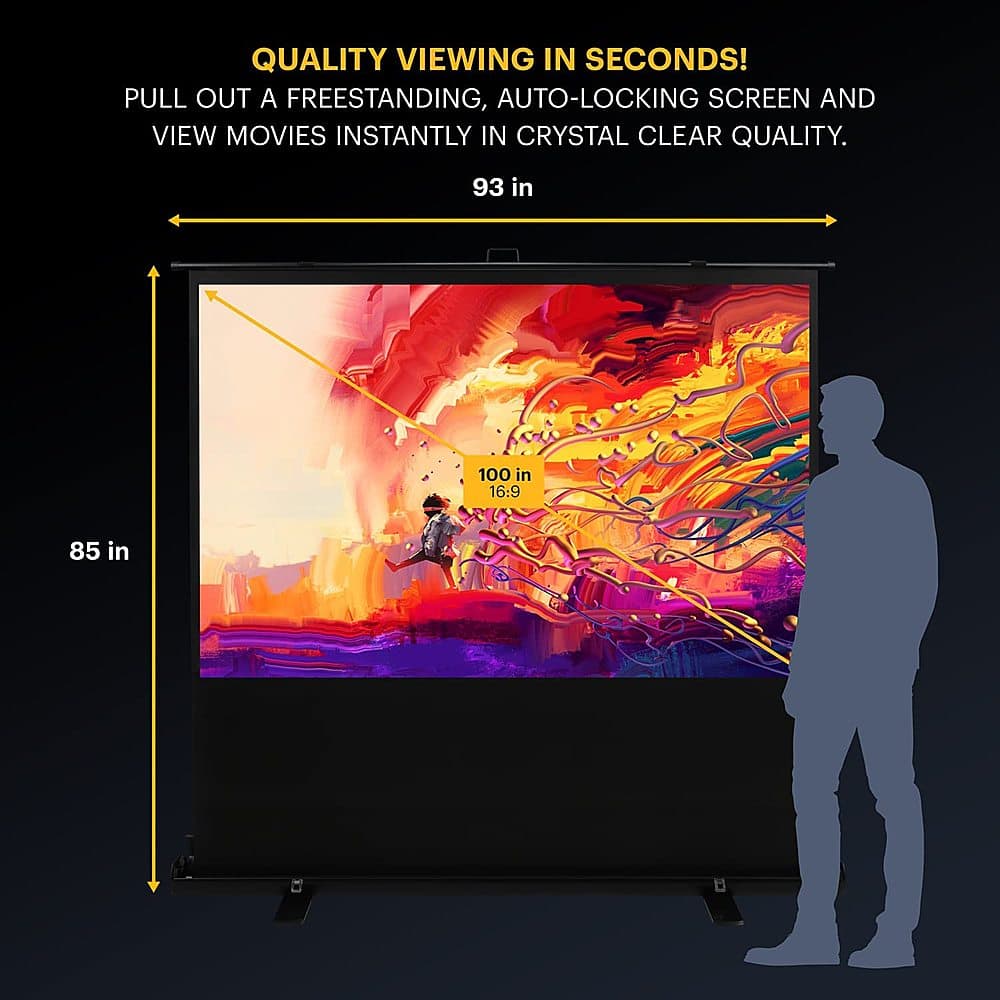 QUALITY VIEWING IN SECONDS! PULL OUT A FREESTANDING, AUTO-LOCKING SCREEN AND VIEW MOVIES INSTANTLY IN CRYSTAL CLEAR QUALITY. 93 IN 100 IN 16:9 85 IN 85 IN 16:9