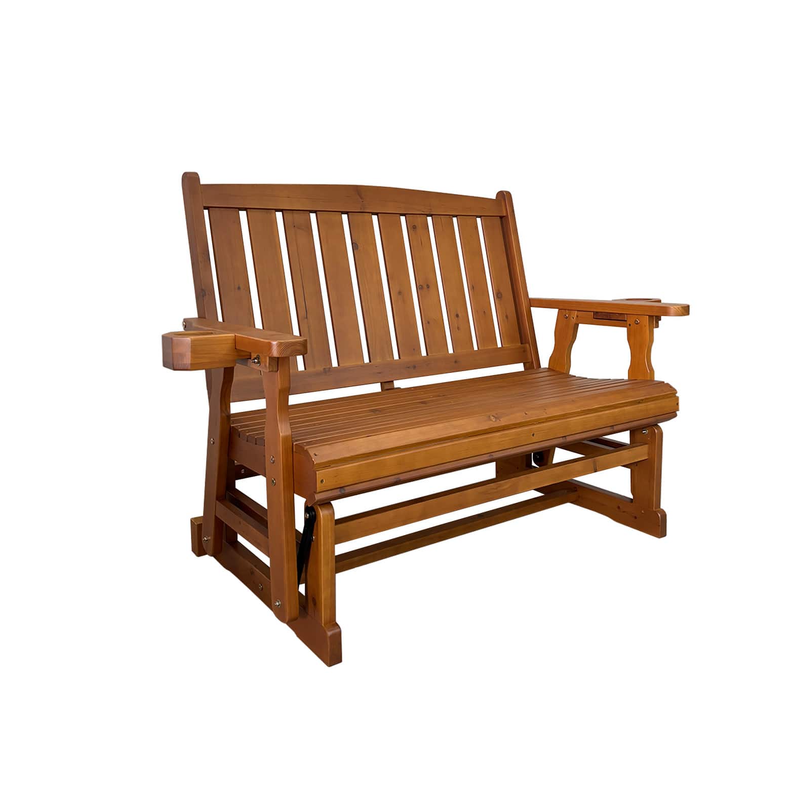 Front. Fortune Candy - Wooden Patio Glider with Cup Holders, High Back and Deep Contoured Seat, for Porch Yard Garden (2-Seater) - Teak Tone.