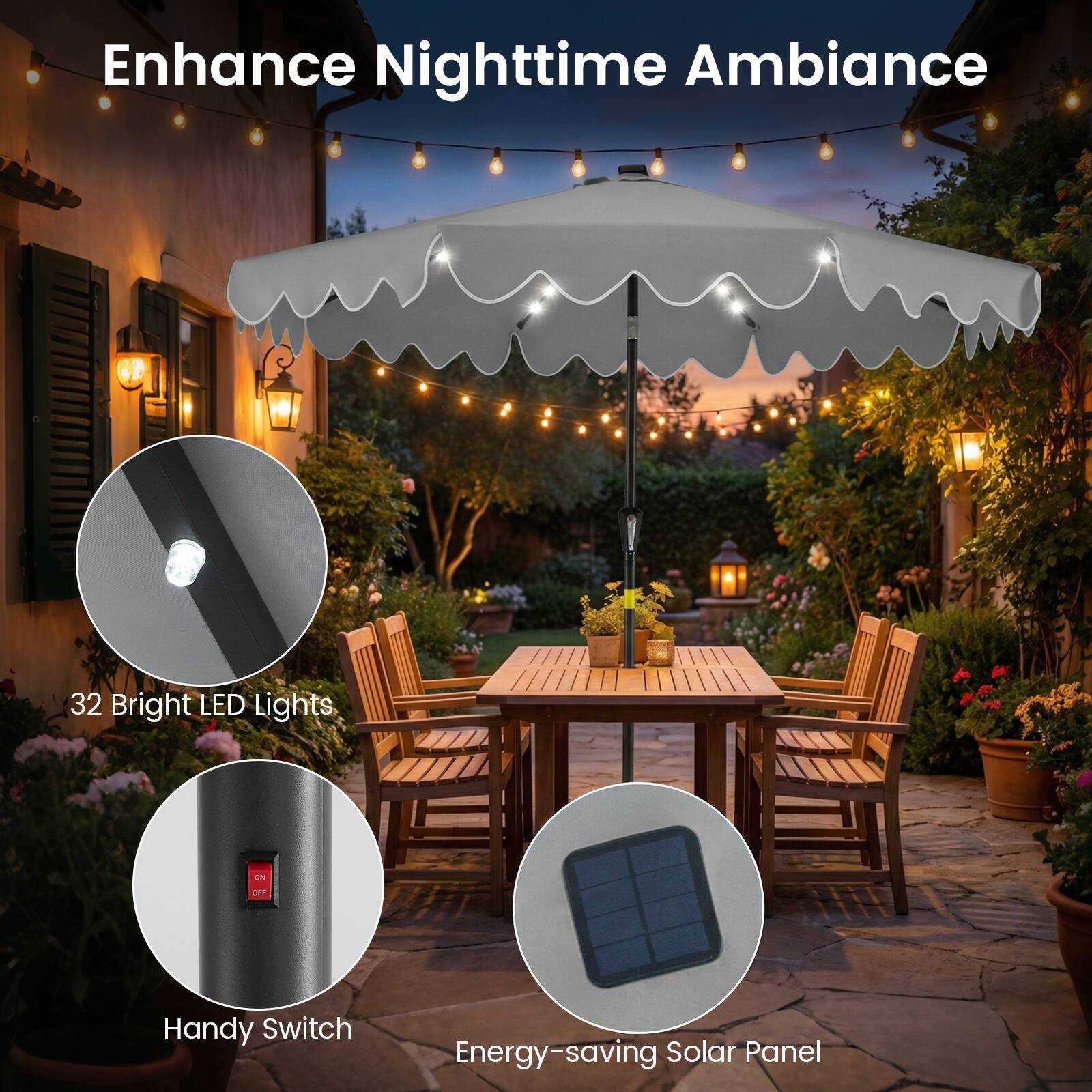 Enhance Nighttime Ambiance

- 32 Bright LED Lights
- Handy Switch
- Energy-saving Solar Panel