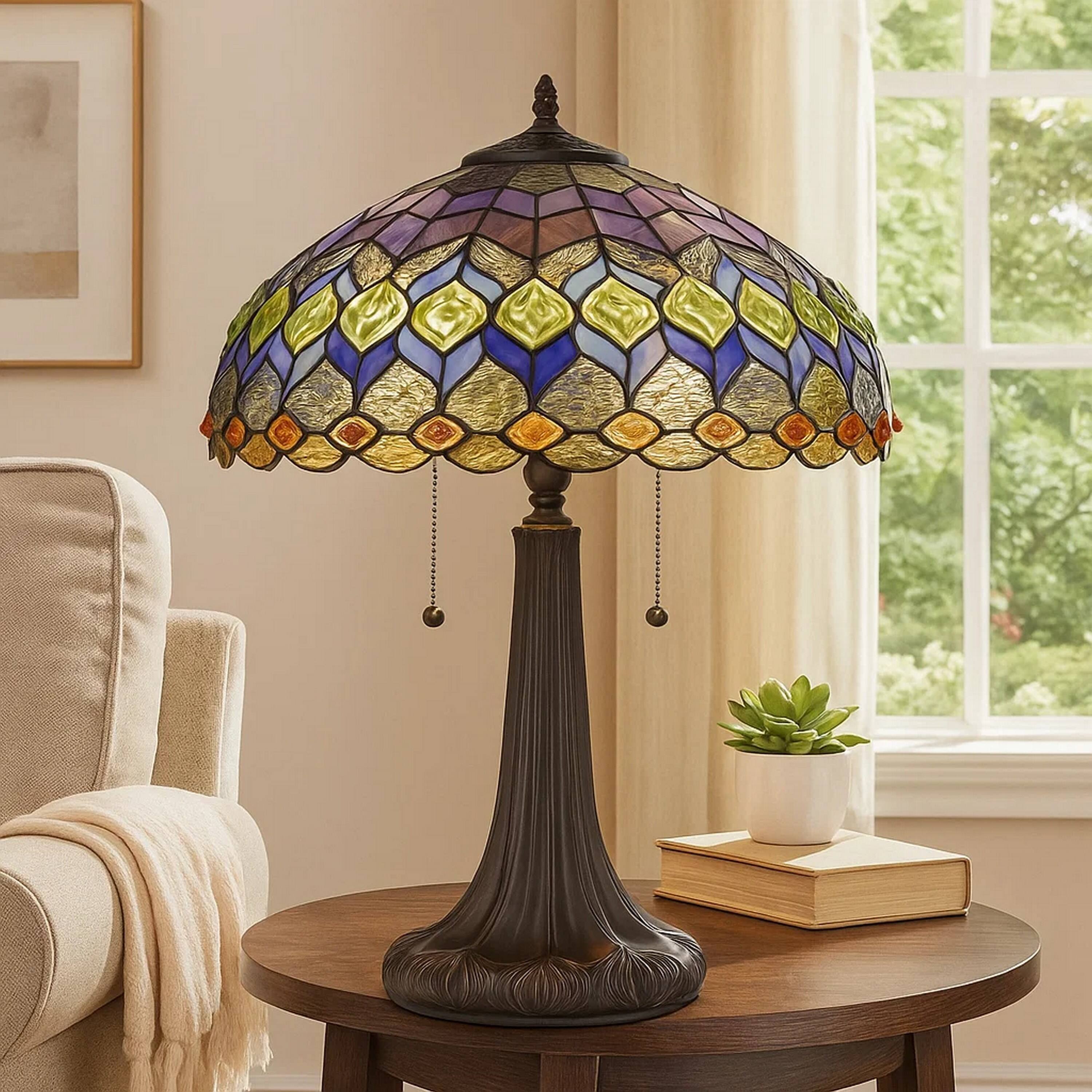 Alt View 3. Manhattan Lane - 120 Watt Tiffany Table Lamp with Engraved Base - Multicolor.