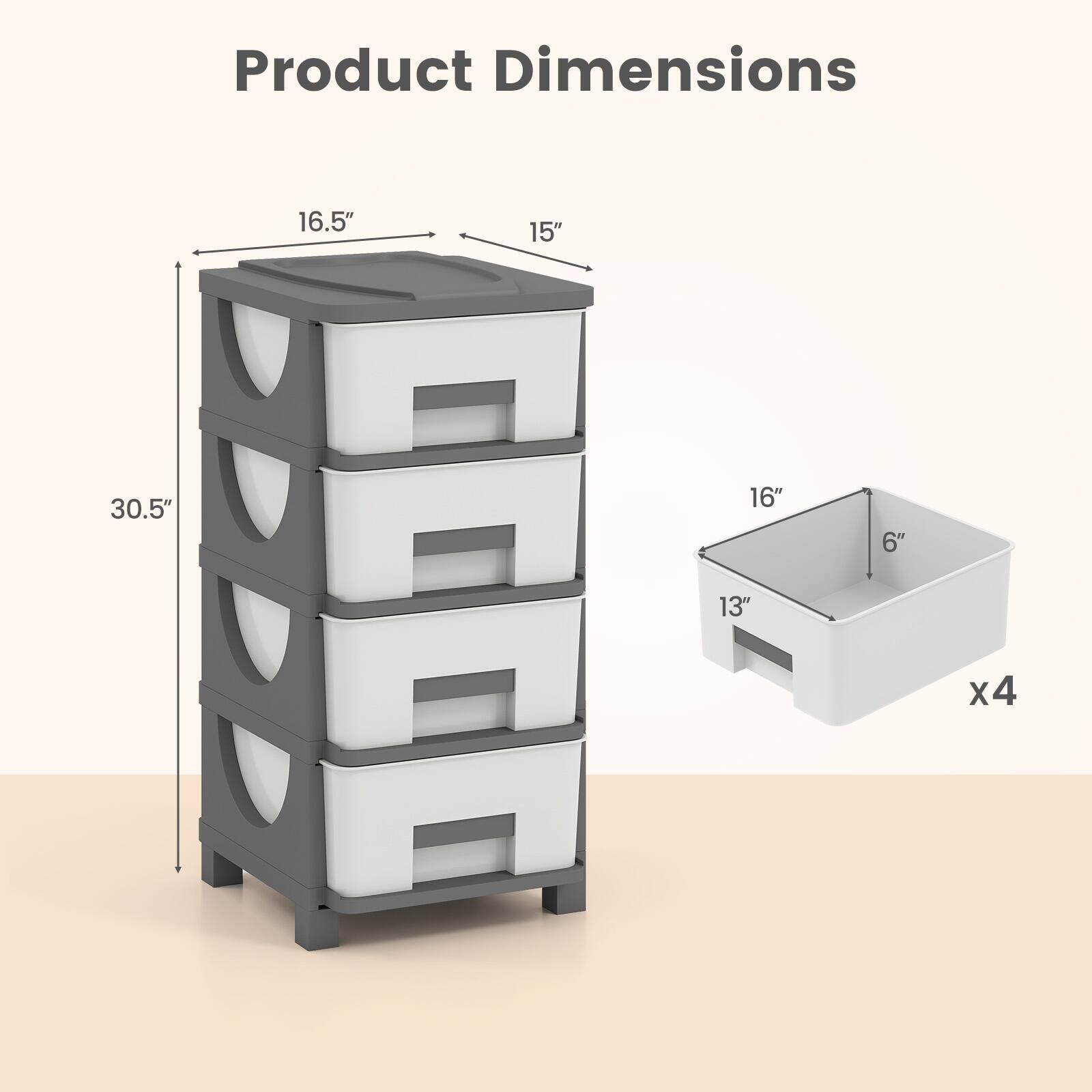 Product Dimensions

16.5" x 15" x 30.5"  
16" x 13" x 6" x4