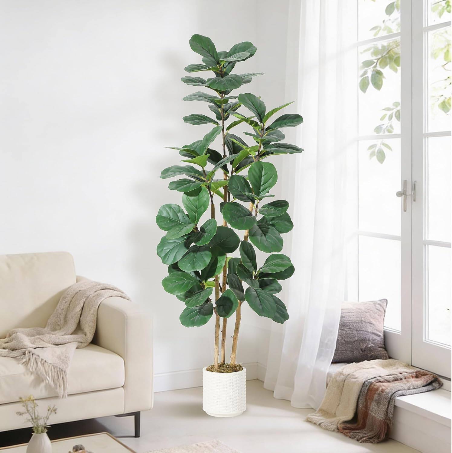 Angle. Homhougo - 6FT Artificial Fiddle Leaf Fig Tree, Realistic Faux Ficus with Bendable Leaves for Living Room Office Decor - Green.