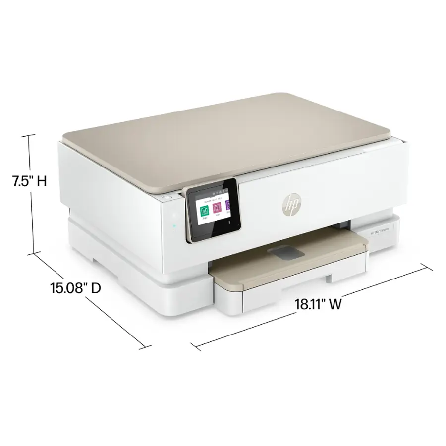 The image features a white HP printer with a tray for holding paper. The printer measures 7.5" H x 19" W x 18.11" D.